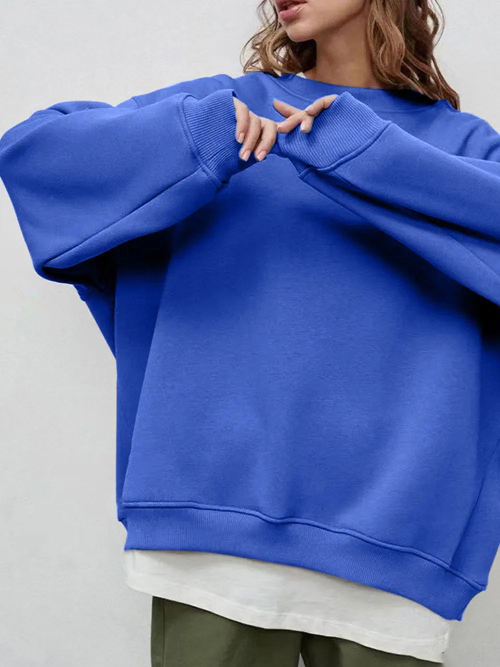 Round Neck Dropped Shoulder Long Sleeve Sweatshirt - Lilixa.store