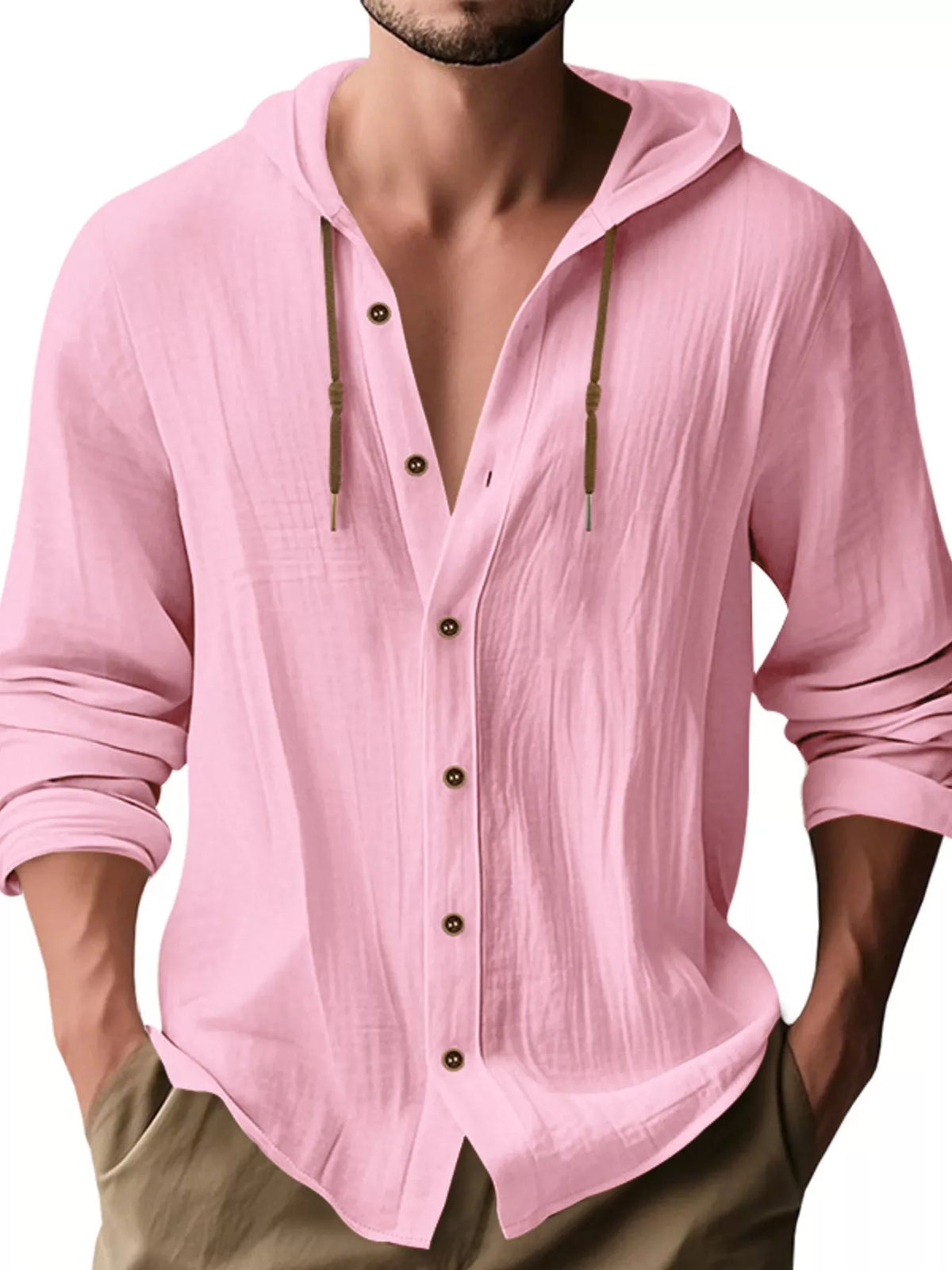 Men's Full Size Drawstring Button Up Hooded Shirt Plus Size - Lilixa.store