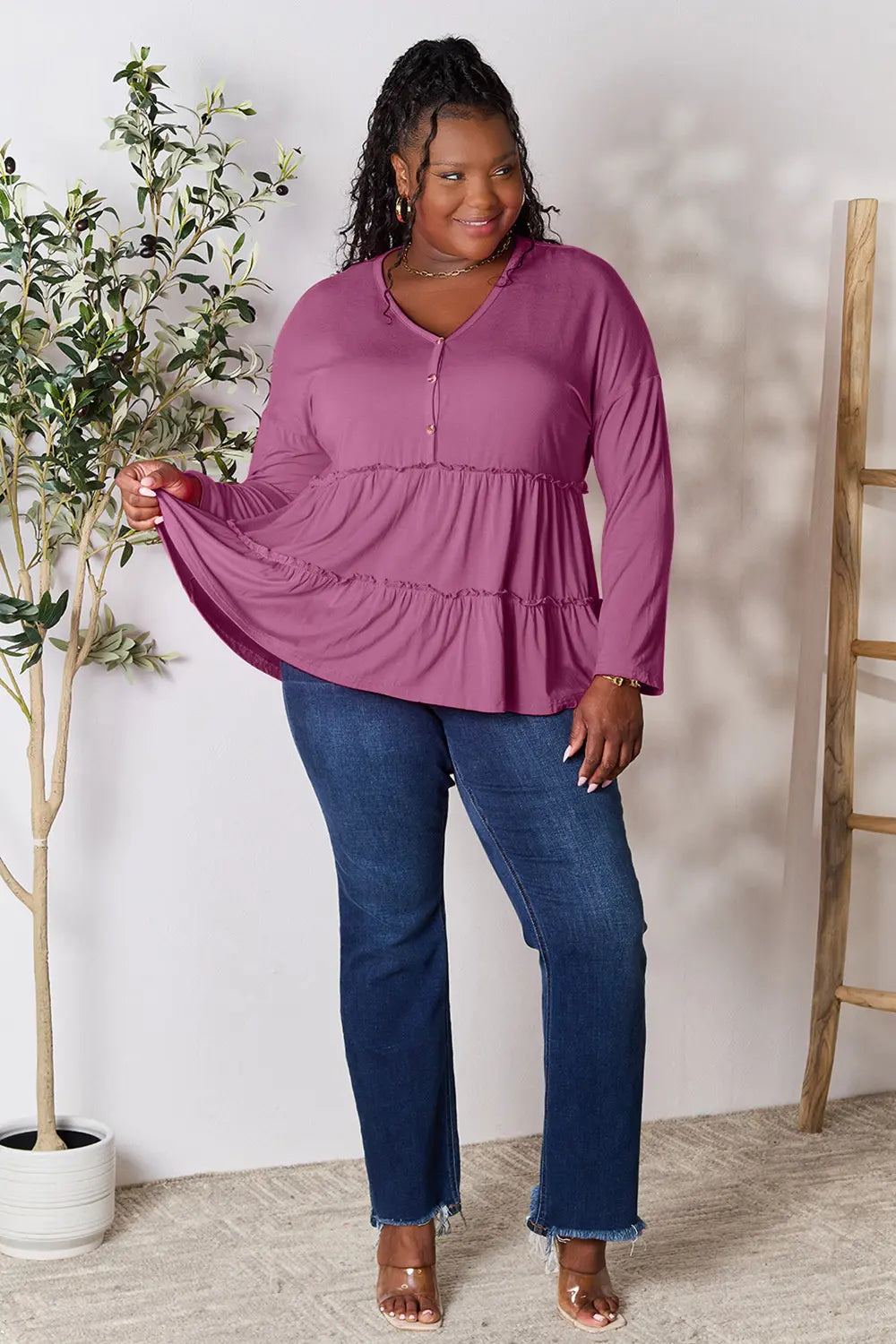 Double Take Half Button Long Sleeve Ruffle Hem Blouse - Lilixa.store