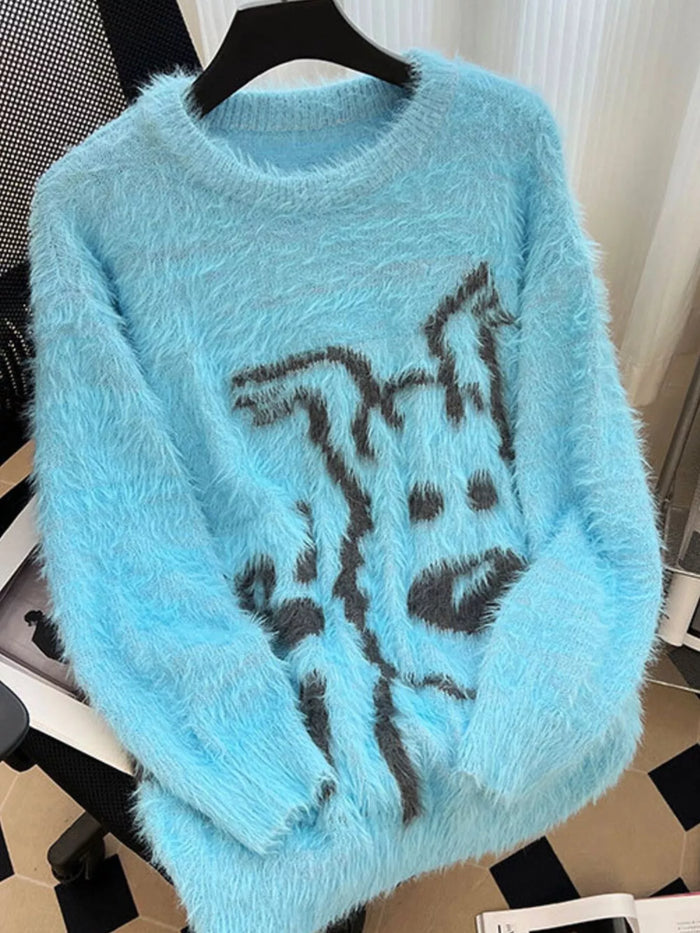 Men's Plus Size Cartoon Graphic Fuzzy Sweater - Lilixa.store