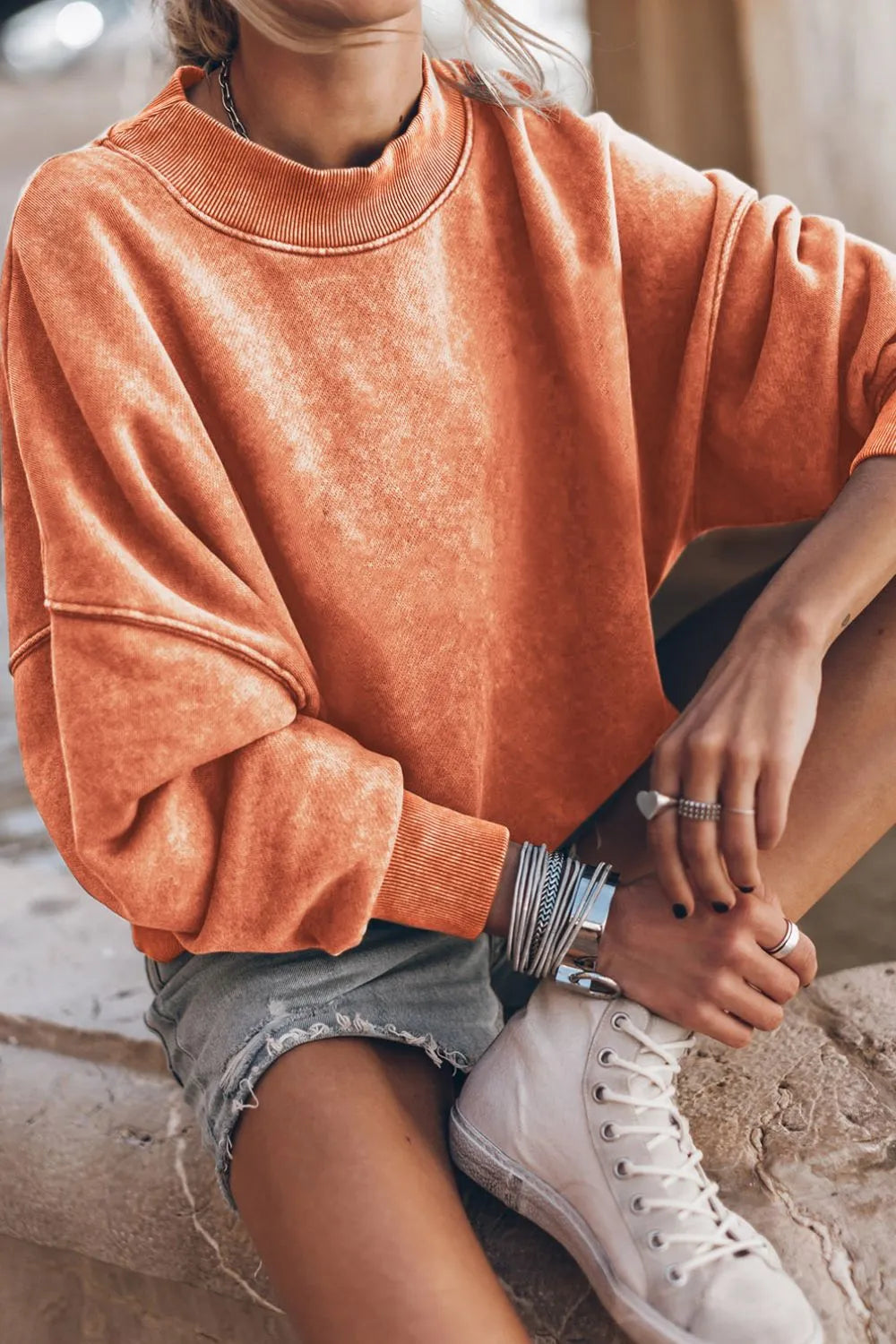 Mock Neck Dropped Shoulder Sweatshirt - Lilixa.store