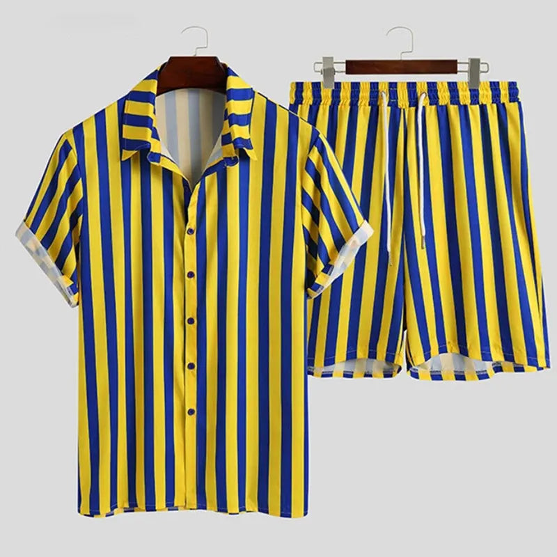 Men's Full Size Striped Button Up Shirt and Shorts Set Plus Size in Yellow