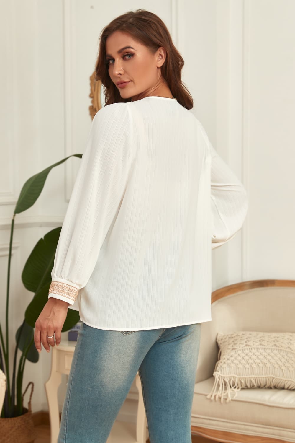 Honey Melo Apparel Plus Size V-Neck Puff Sleeve Blouse in White, view 2