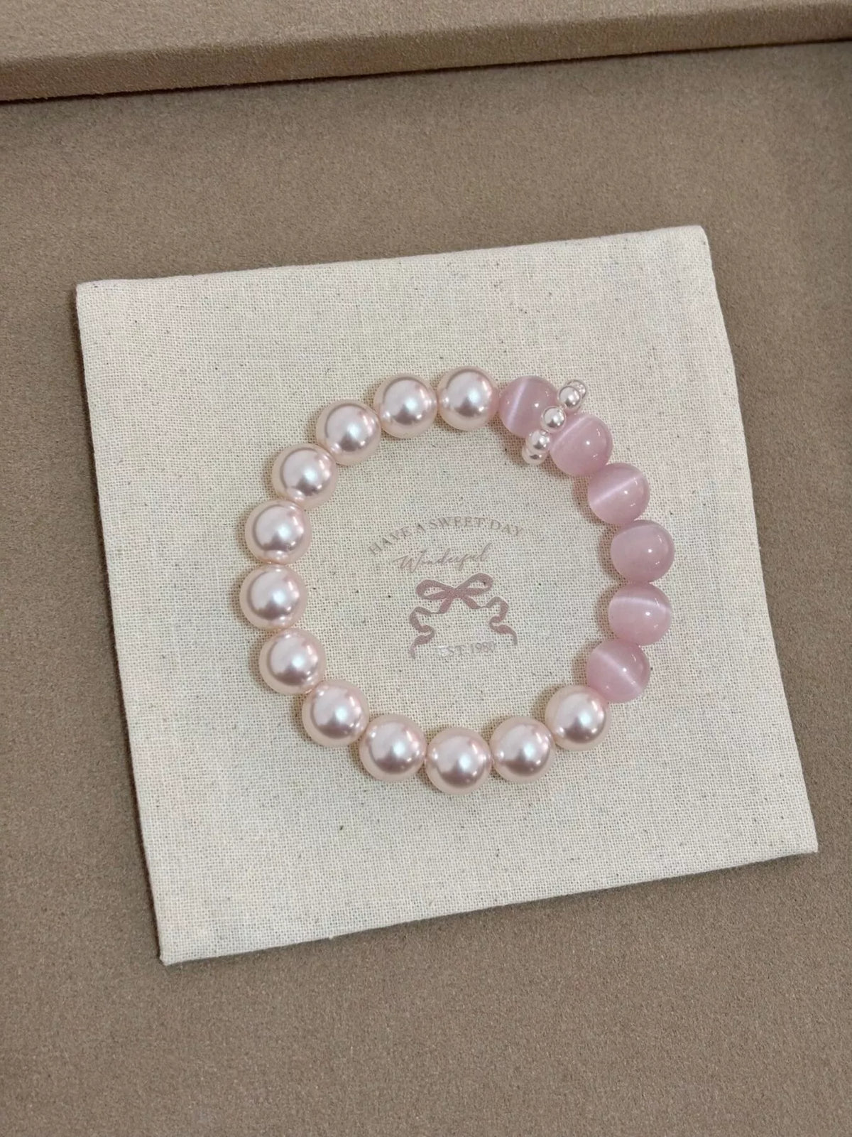 Pearl & Cat's Eye Stone Bracelet in Blush Pink, view 2