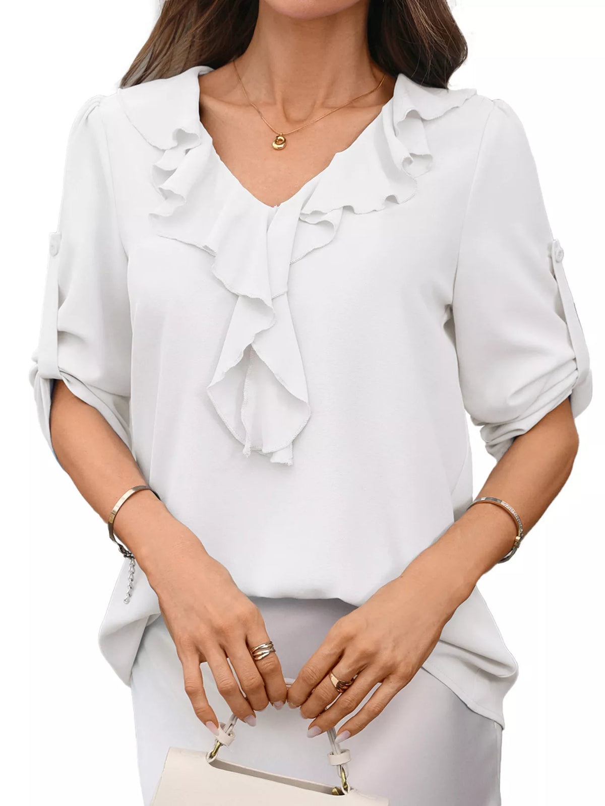 Ruffled V-Neck Roll-Up Sleeves Blouse - Lilixa.store