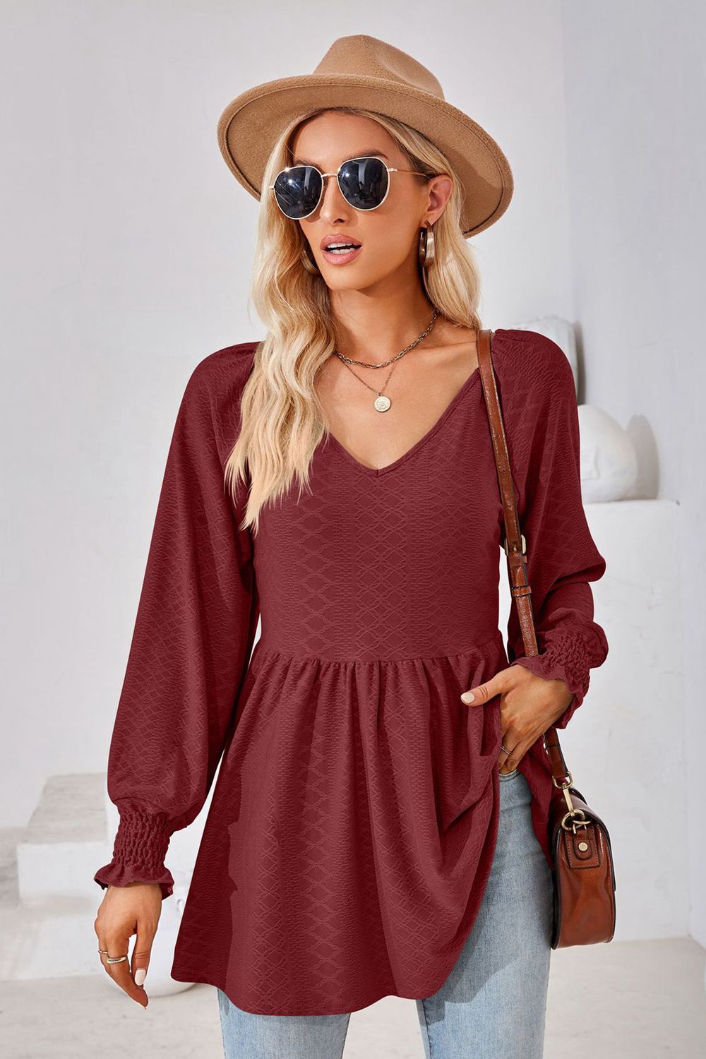 V-Neck Lantern Sleeve Blouse in Burgundy