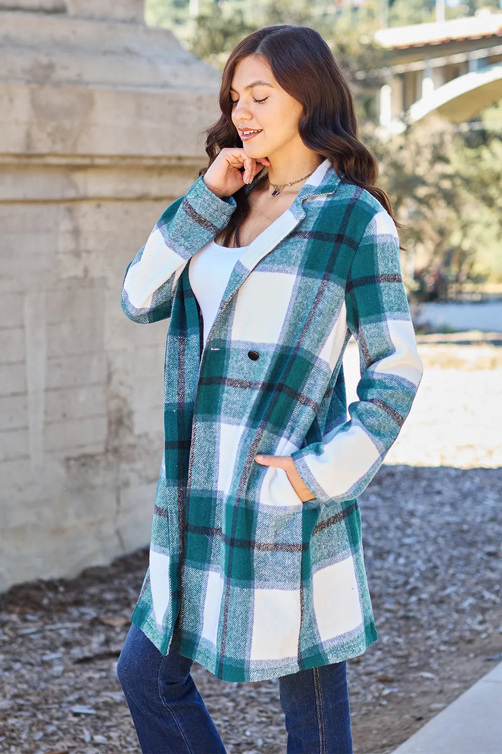 Double Take Full Size Plaid Button Up Lapel Collar Coat - Lilixa.store