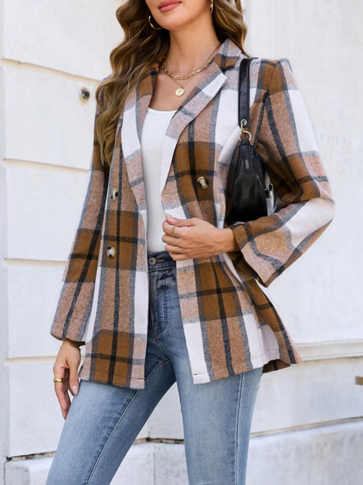 Plaid Double-Breasted Blazer - Lilixa.store