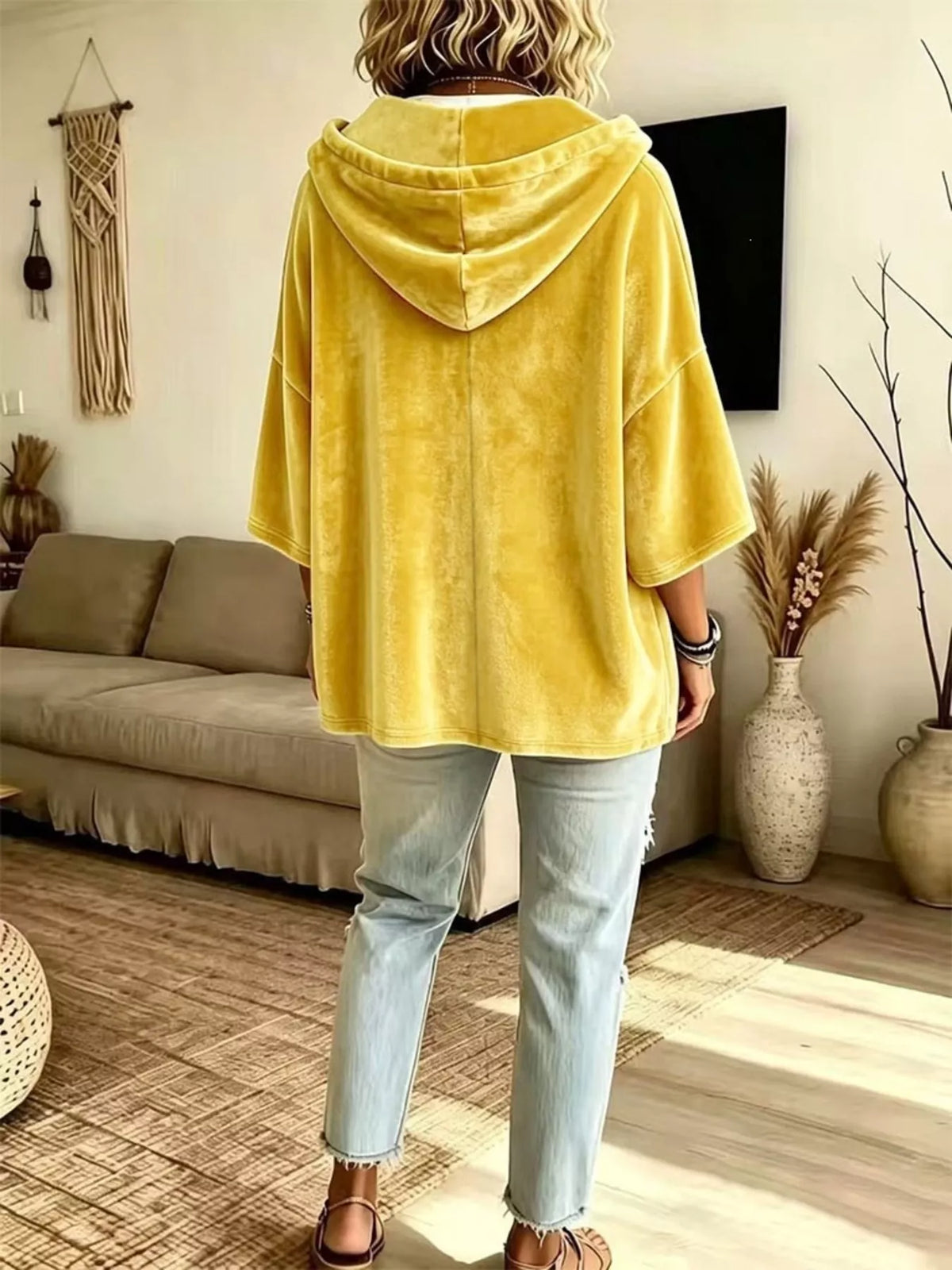 Full Size Velvet Button Detail Drawstring Hoodie Plus Size, view 11