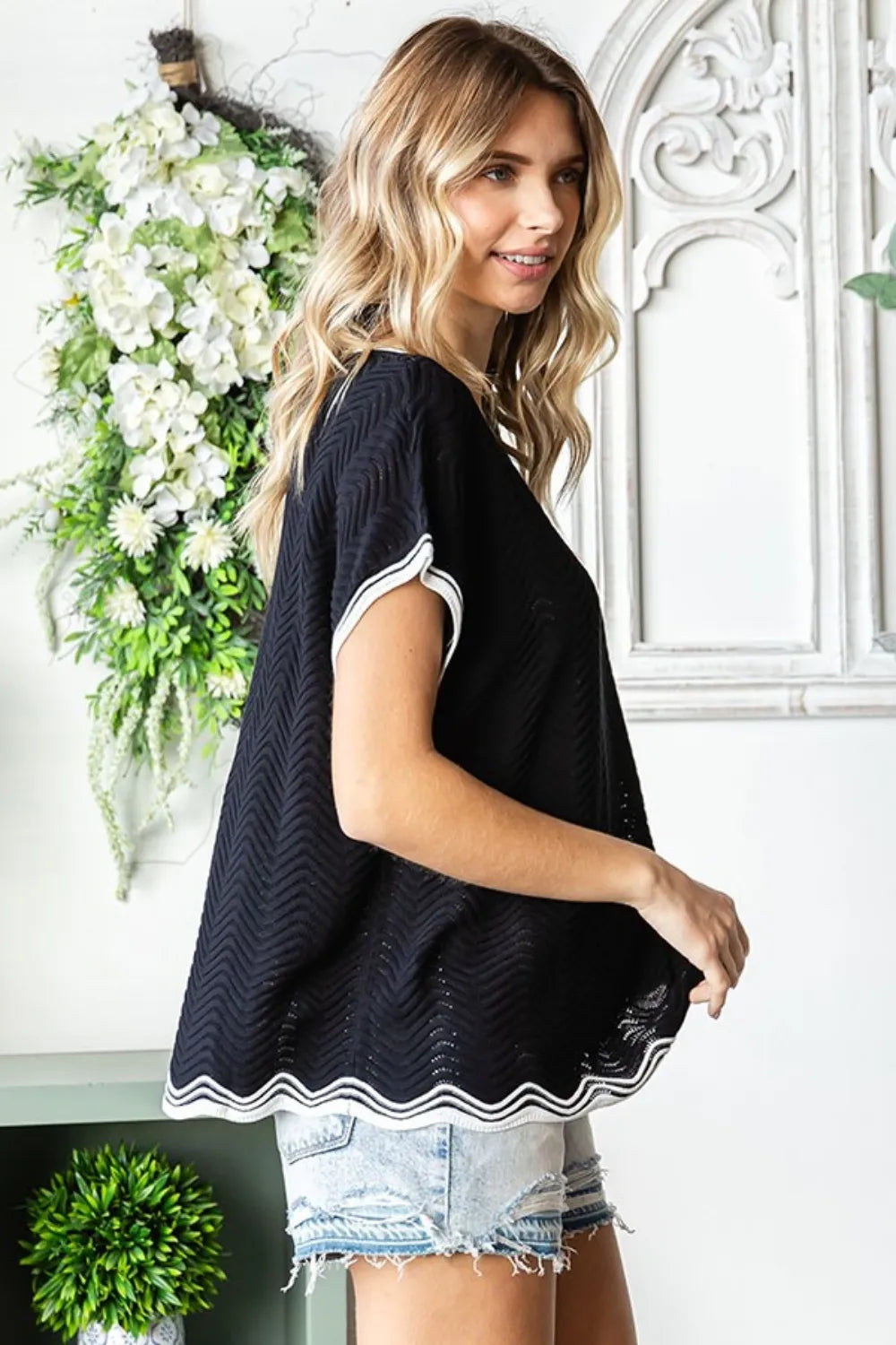 First Love Full Size Contrast Wavy Crochet Drop Shoulder Knit Top - Lilixa.store