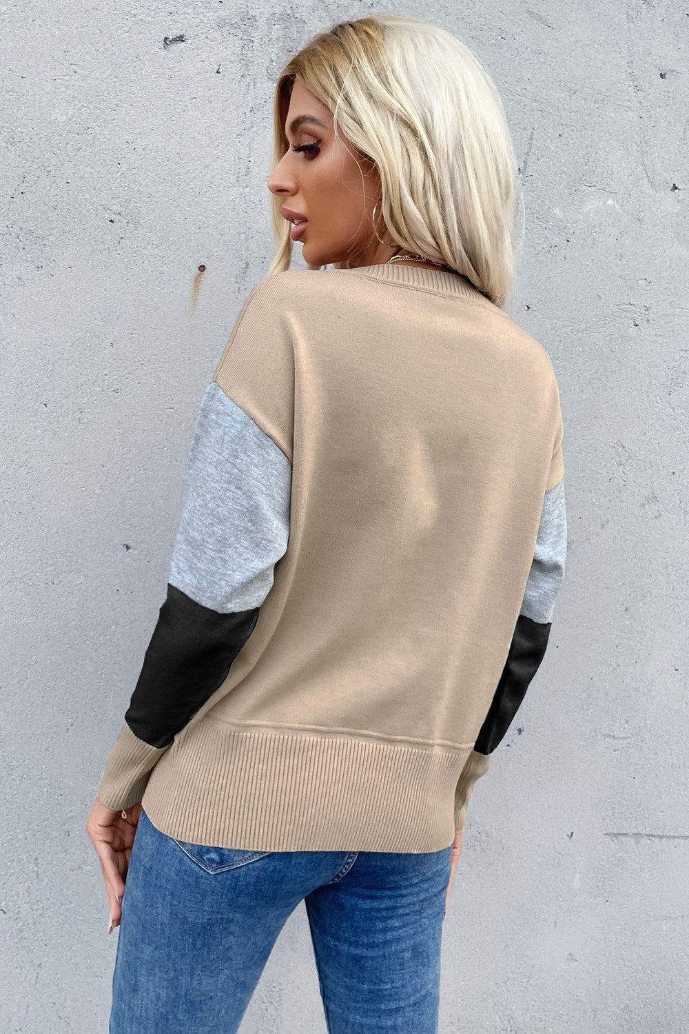 Perfee Color Block Ribbed Trim Round Neck Knit Pullover - Lilixa.store