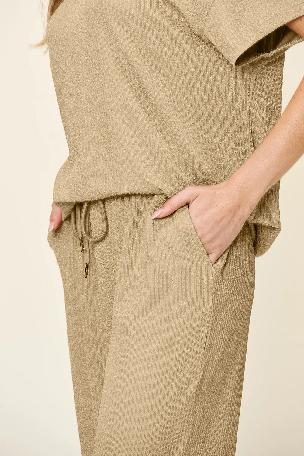Double Take Full Size Texture Round Neck Short Sleeve T-Shirt and Wide Leg Pants, view 27