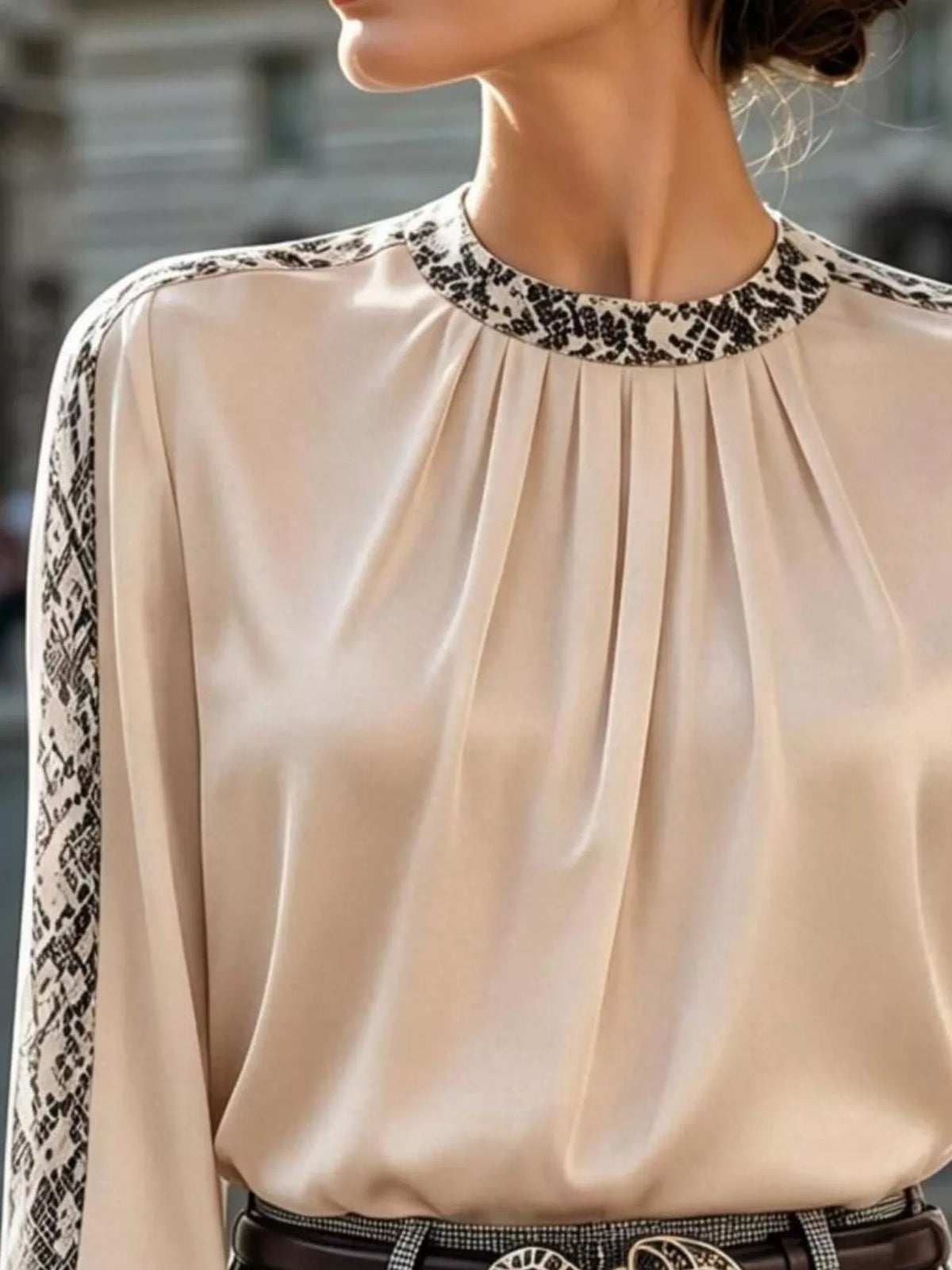 Snake Print Contrast Trim Satin Blouse, view 6