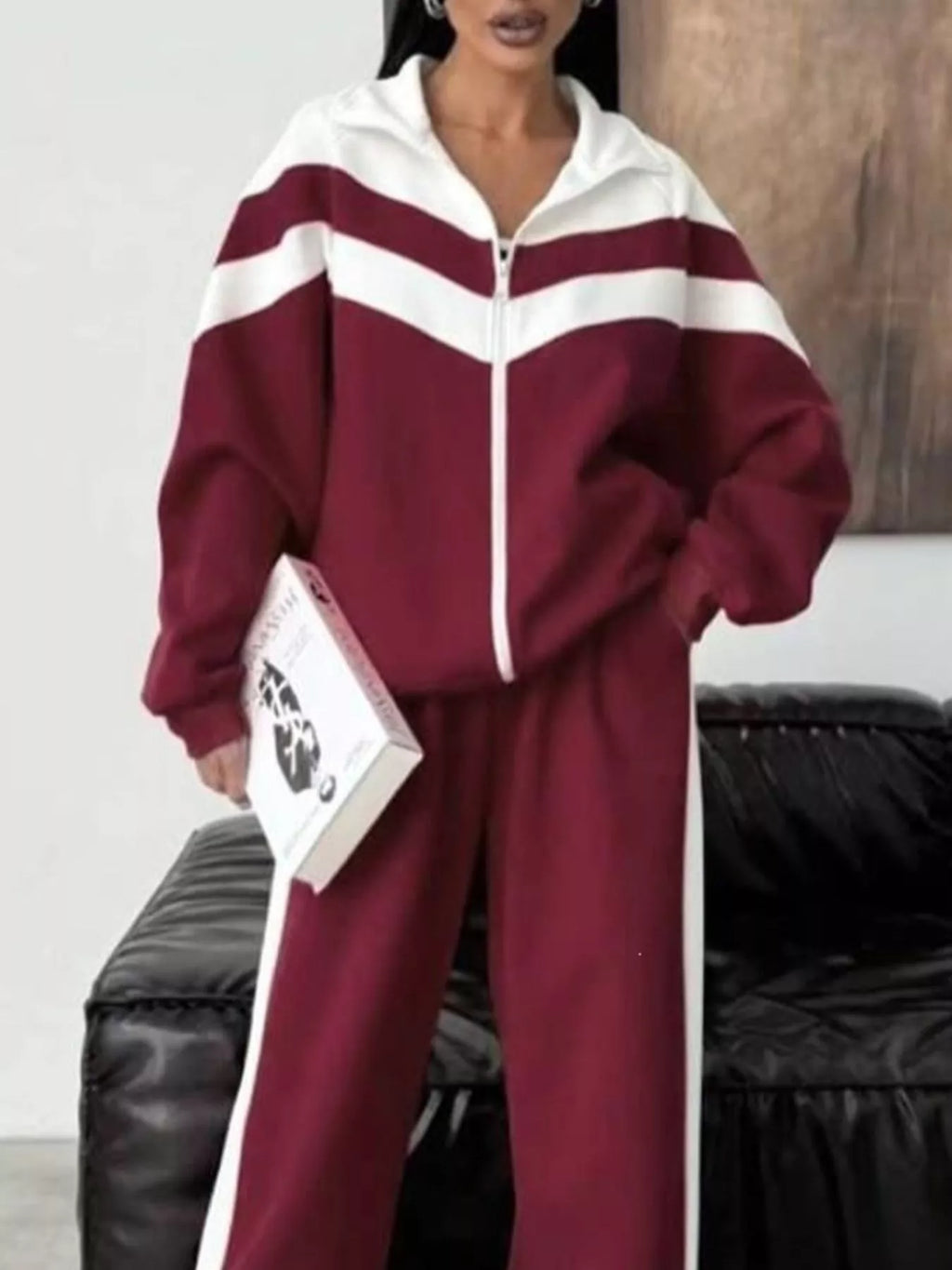 Color Block Zip-Up Outerwear and Pants Set - Lilixa.store