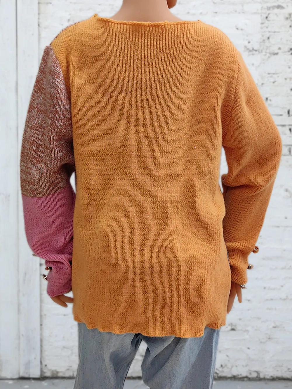Color Block Decorative Button Long Sleeve Sweater in Sherbet, view 2