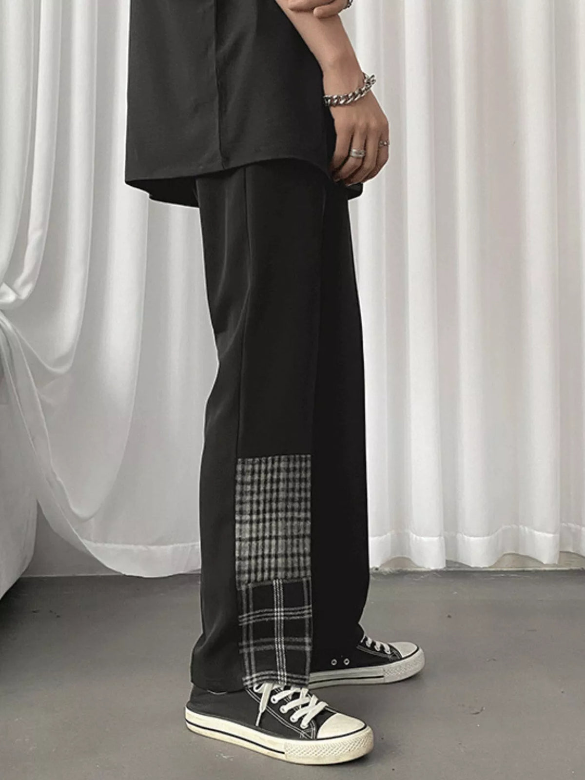 Men's Plus Size Plaid Patchwork Straight-Leg Pants in Black, view 2