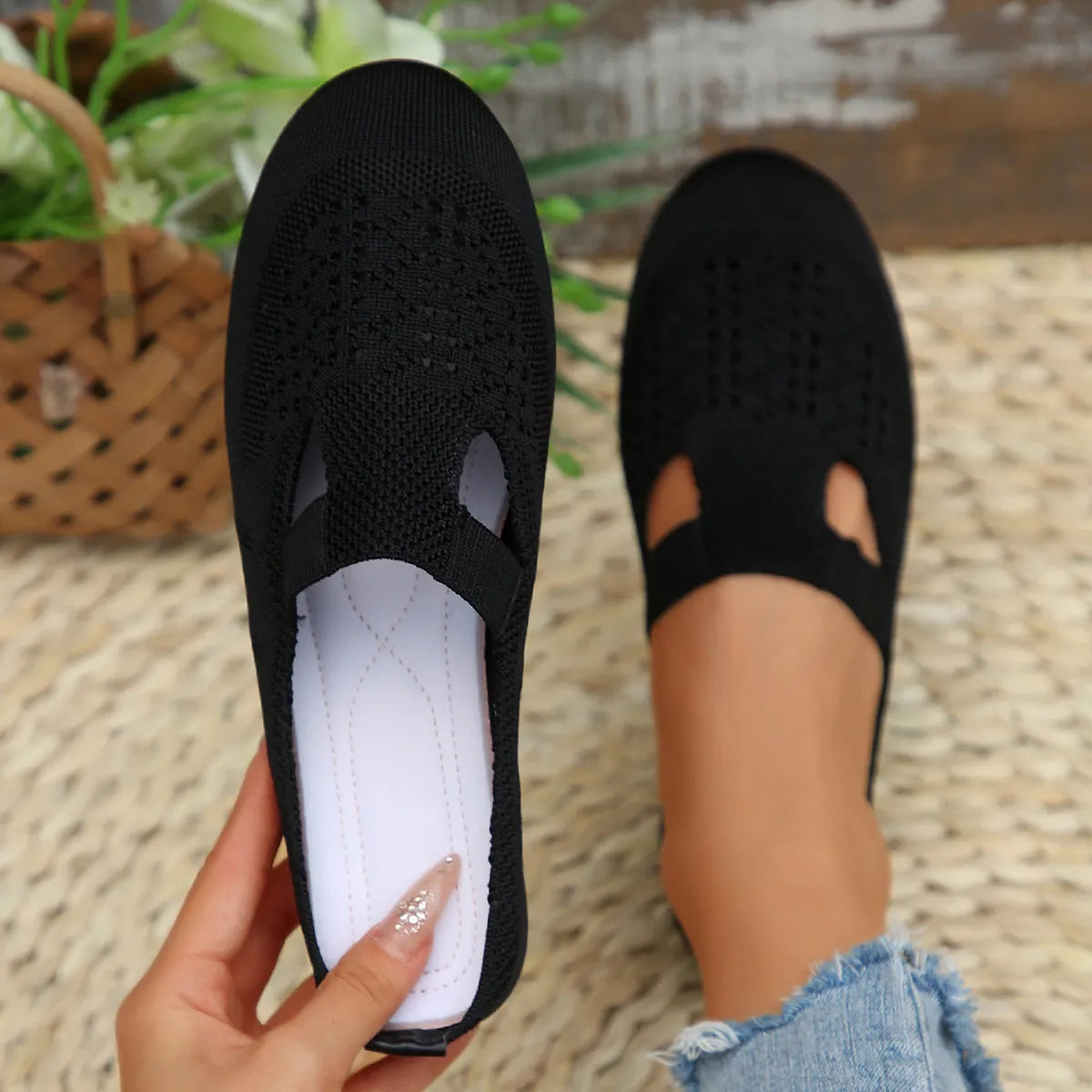 Round Toe Flat Slip-Ons in Black