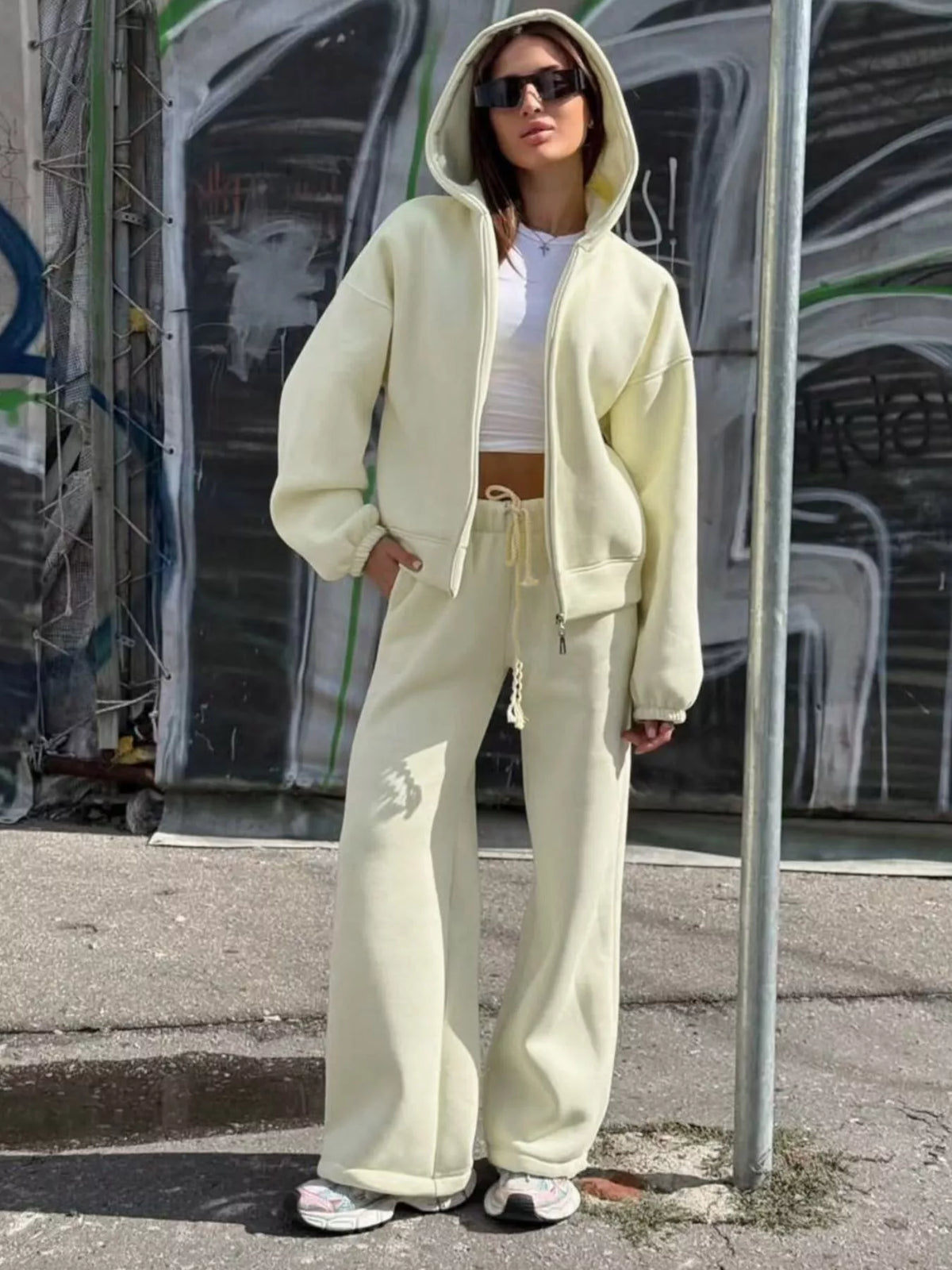 Zip-Up Hoodie and Wide-Leg Sweatpants Set - Lilixa.store