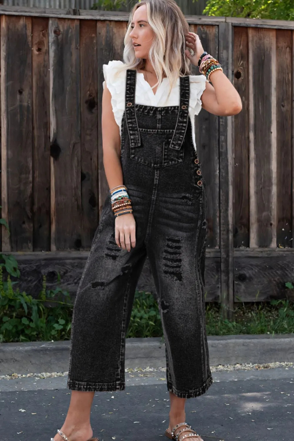 Distressed Wide Strap Denim Overalls - Lilixa.store
