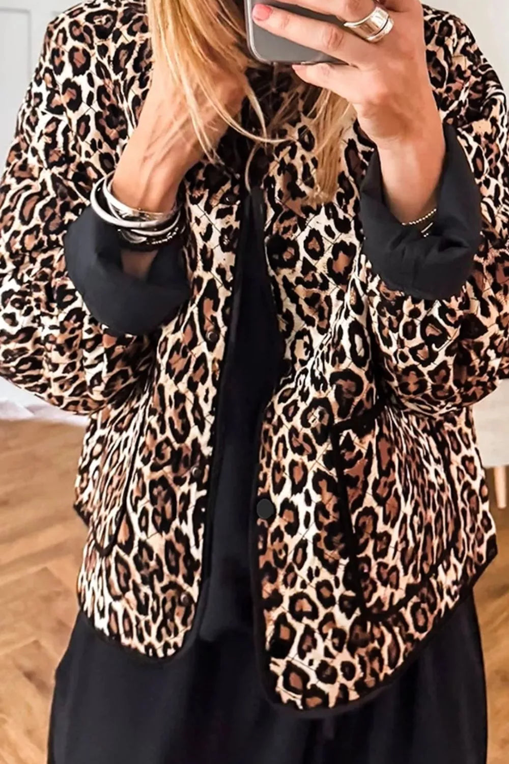 Leopard Print Quilted Button Front Patch Pockets Jacket
