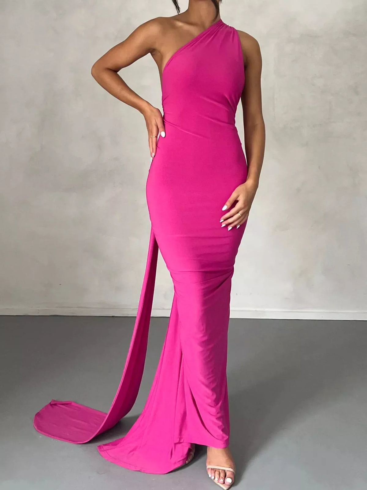 Backless One-Shoulder Ruched Bodycon Maxi Dress in Rose Red