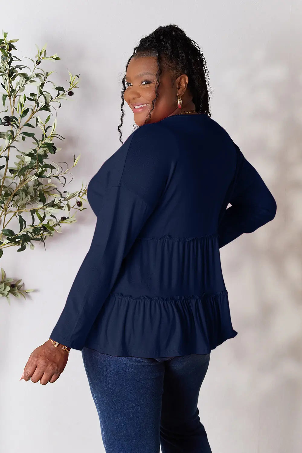 Double Take Half Button Long Sleeve Ruffle Hem Blouse - Lilixa.store