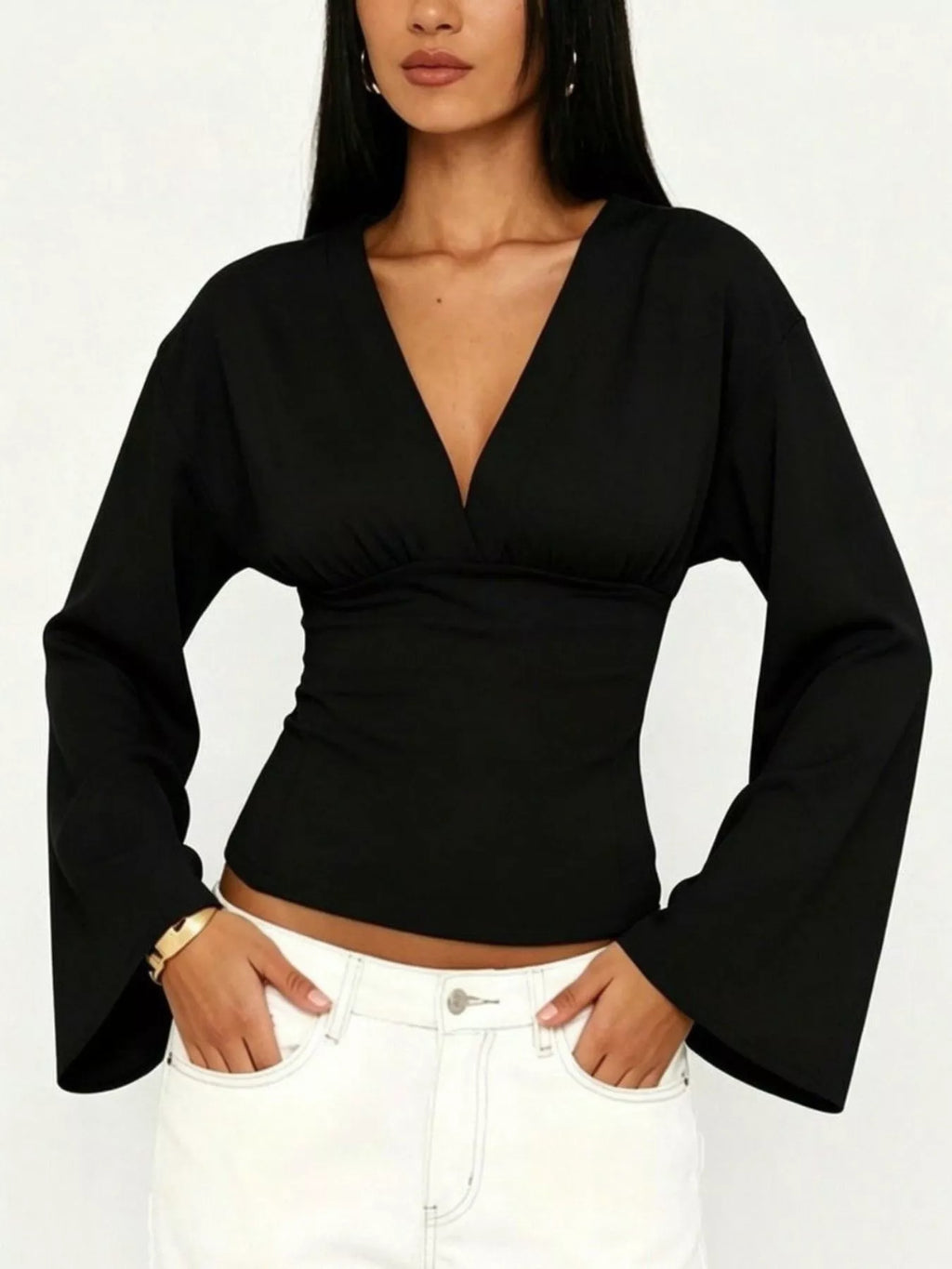 V-Neck Flare Sleeve Blouse - Lilixa.store