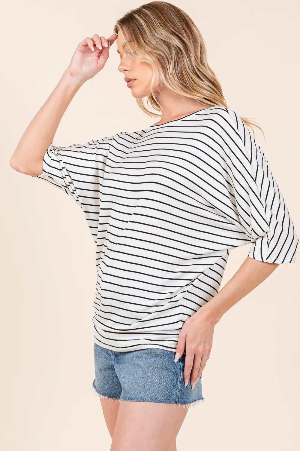 BOMBOM Striped Boat Neck Dolman Sleeve Top - Lilixa.store