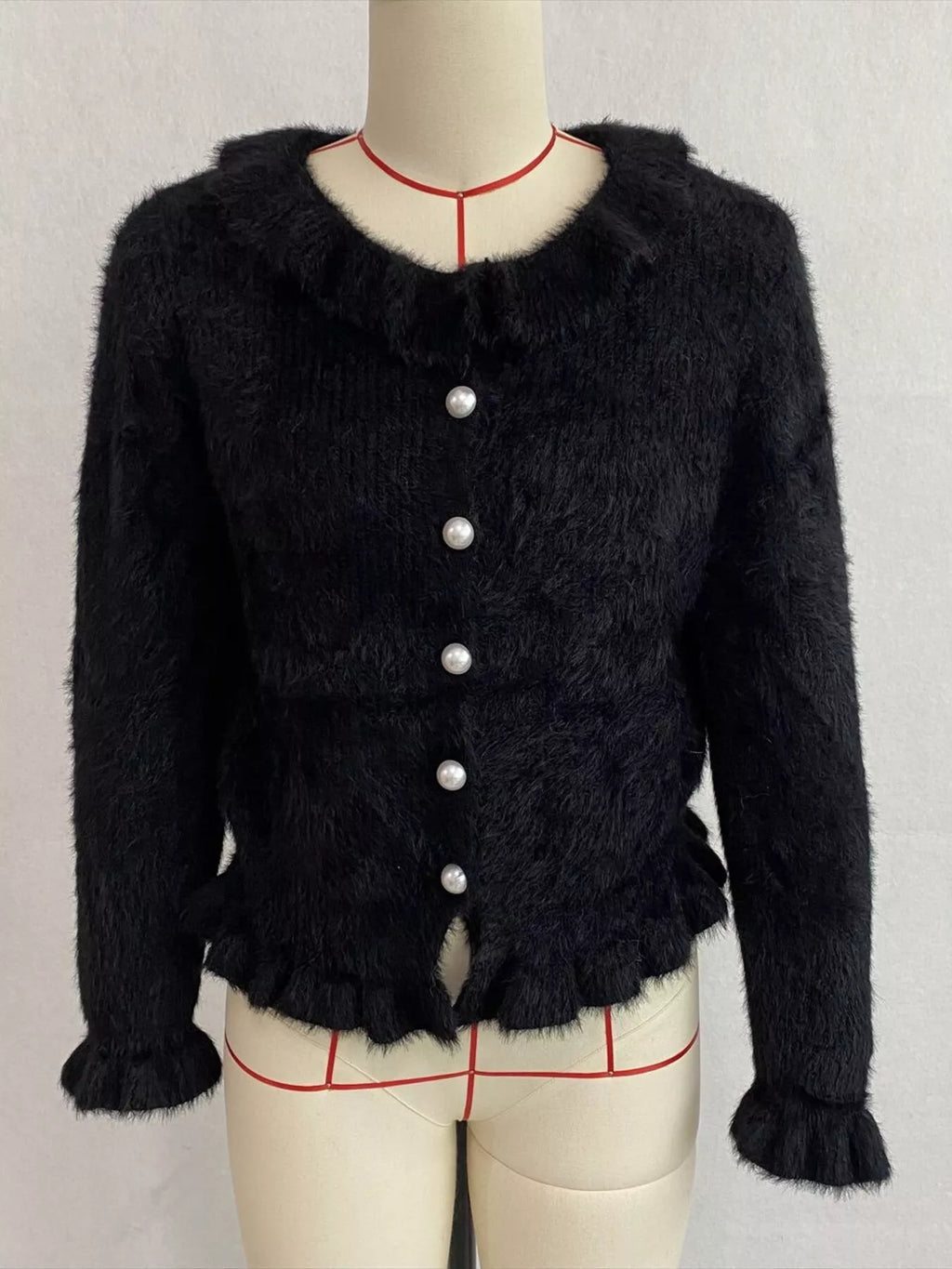 Soft Fuzzy Cardigan with Ruffled Collar and Pearl Buttons, view 24
