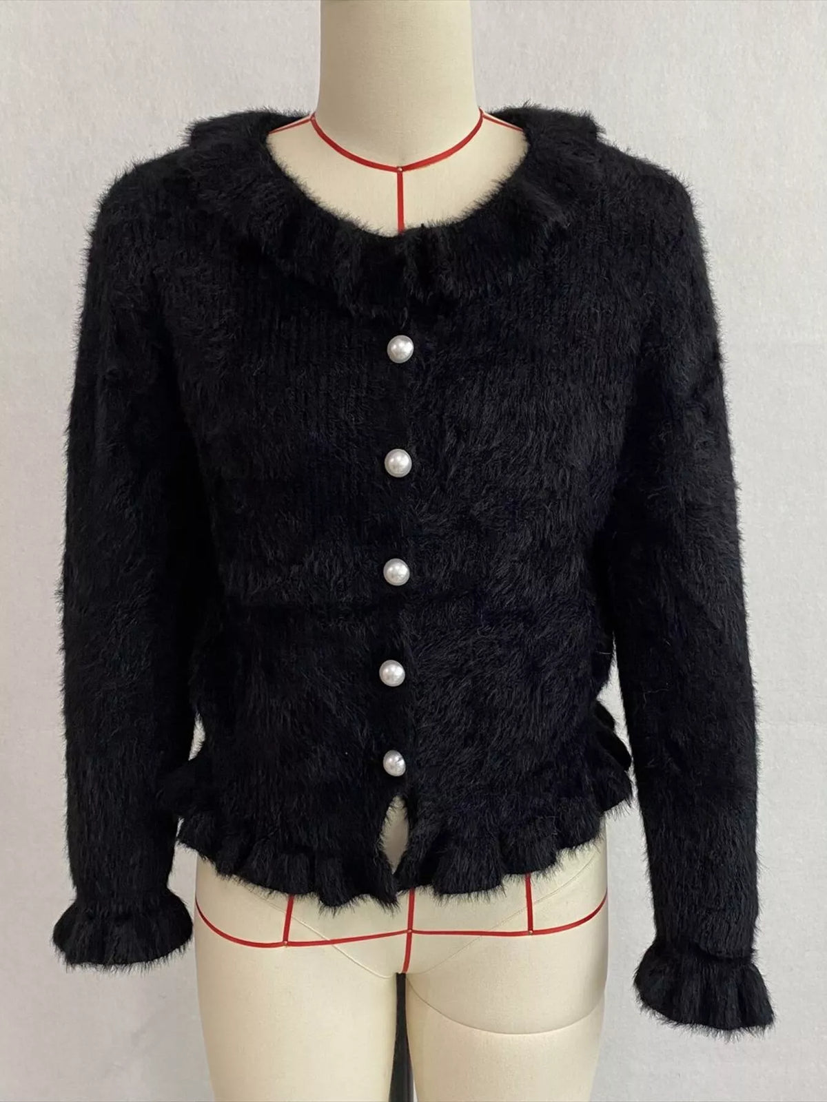 Soft Fuzzy Cardigan with Ruffled Collar and Pearl Buttons, view 24