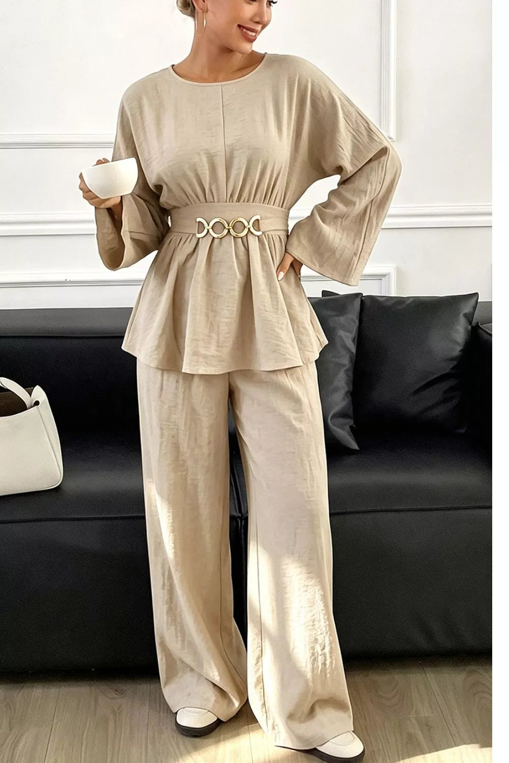 Metal Chain Waist Detail Top and Pants Set - Lilixa.store