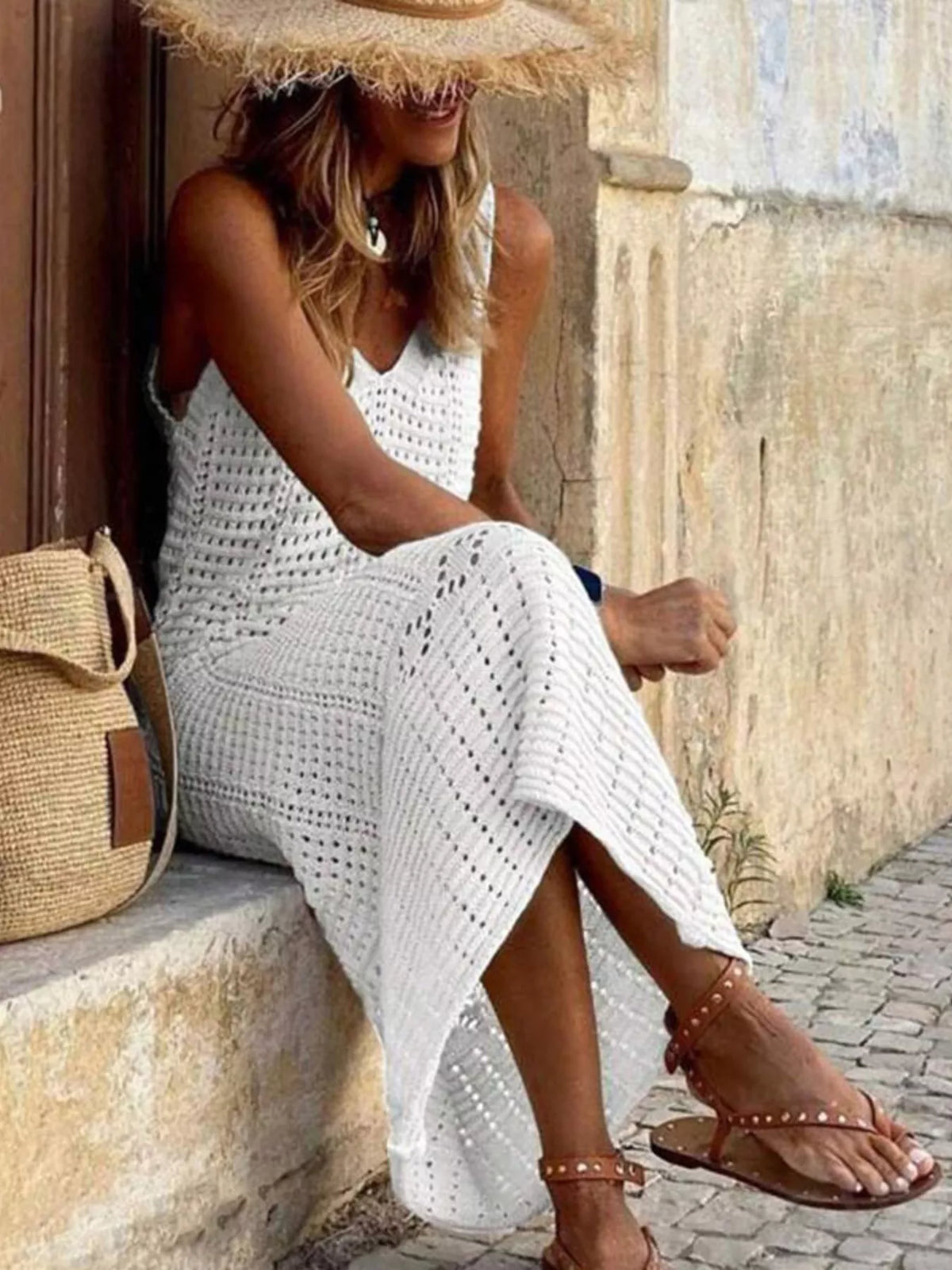 Sleeveless Crochet Knit Cover Up Maxi Dress - Lilixa.store