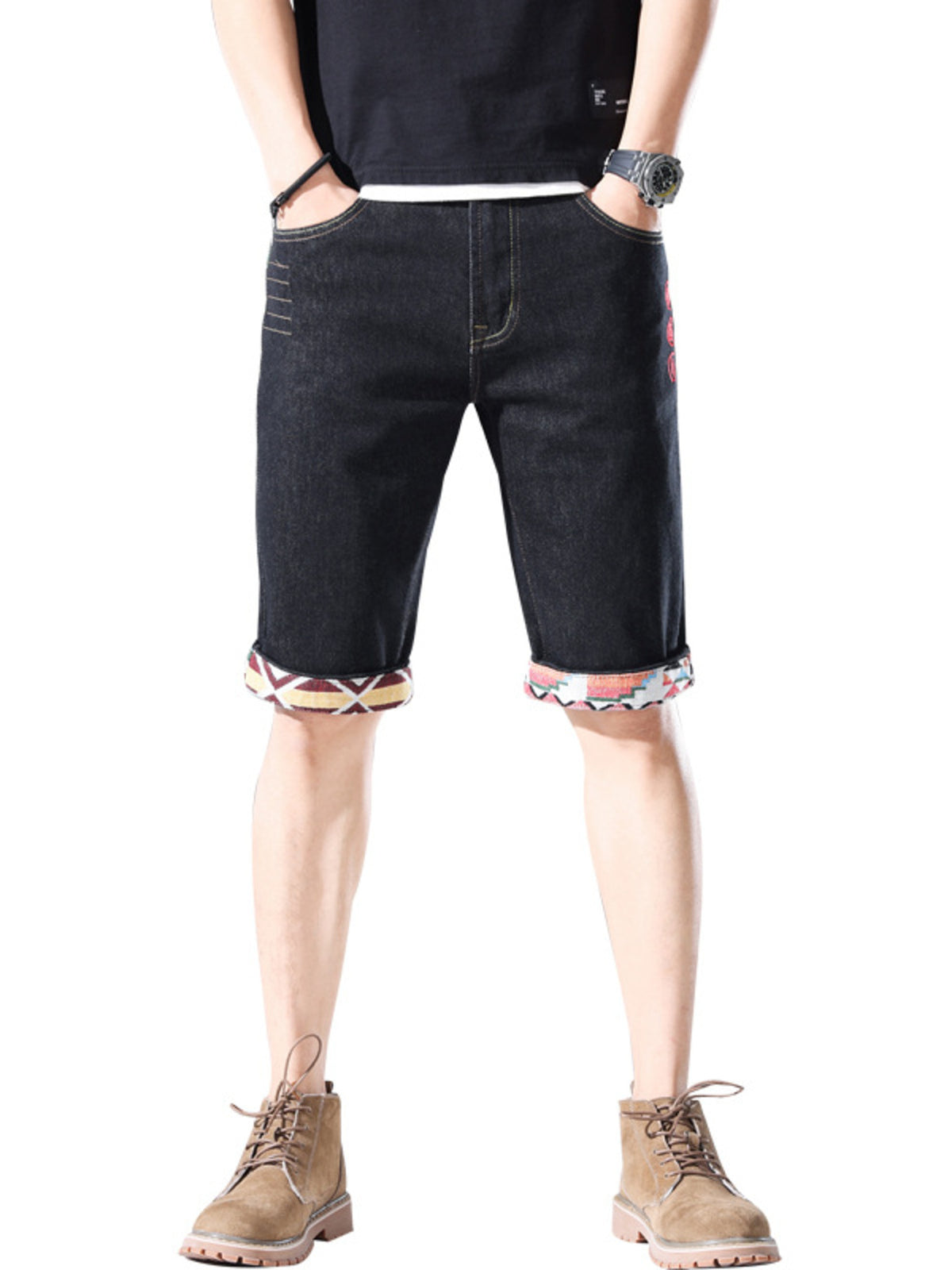 Men's Wash Denim Shorts with Rolled Cuffs - Lilixa.store