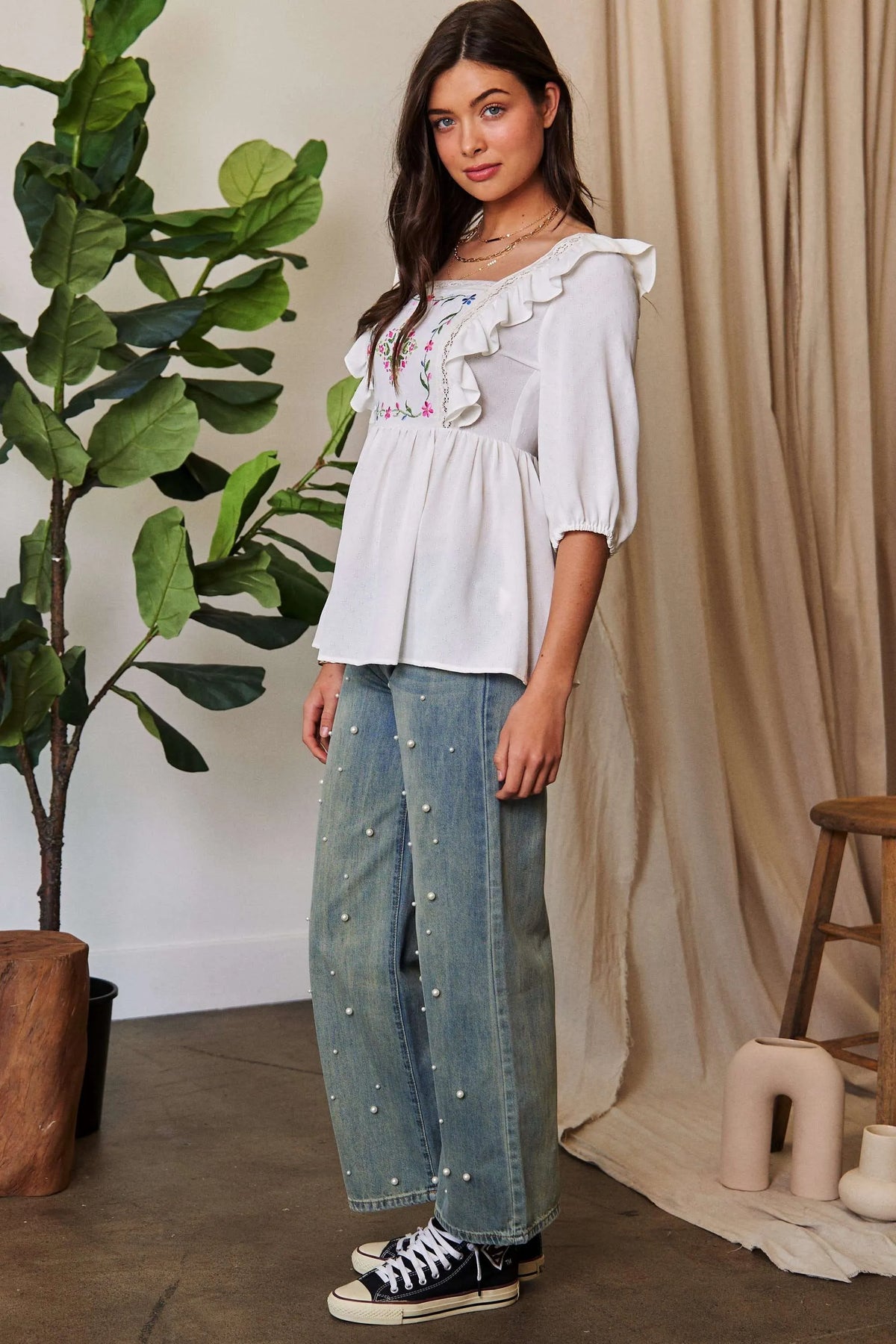 Davi & Dani Texture Tie Back Floral Embroidery Frill Blouse - Lilixa.store