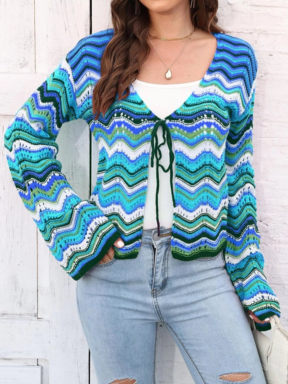 Vibrant Chevron Striped Tie-Front Knit Cardigan, view 8