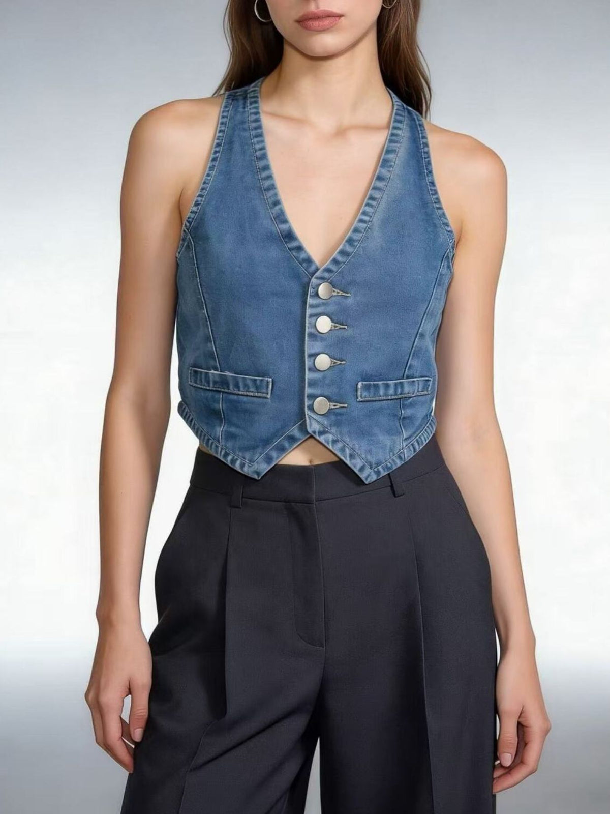 Button-Down Denim Vest - Lilixa.store