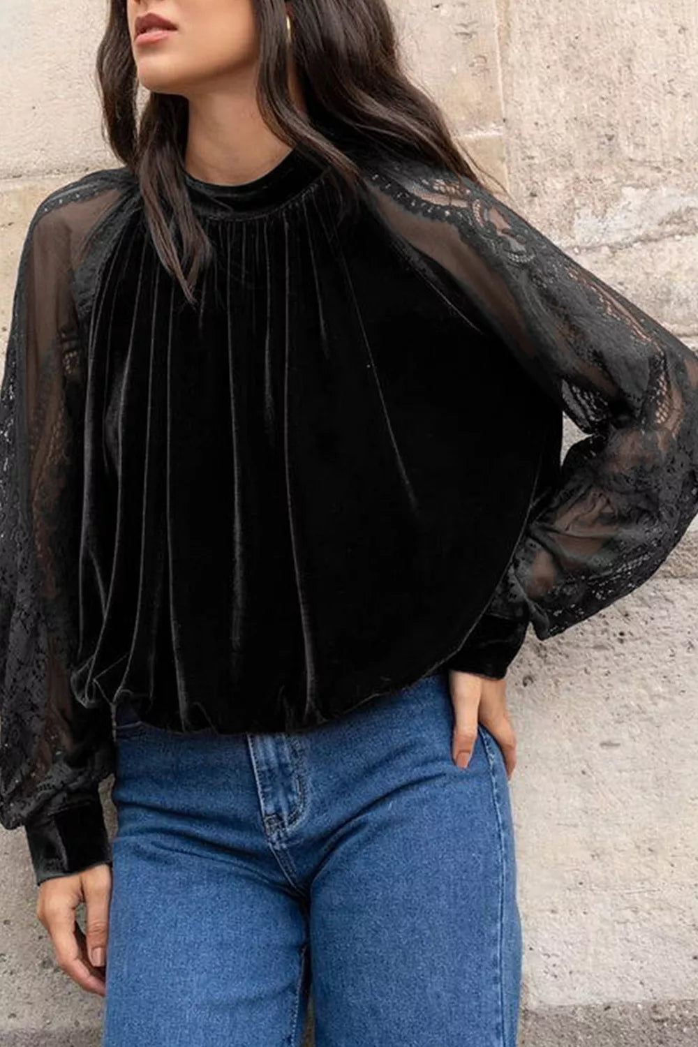 Solid Color Sheer Lace Long Sleeve Patchwork Stand Neck Velvet Blouse - Lilixa.store