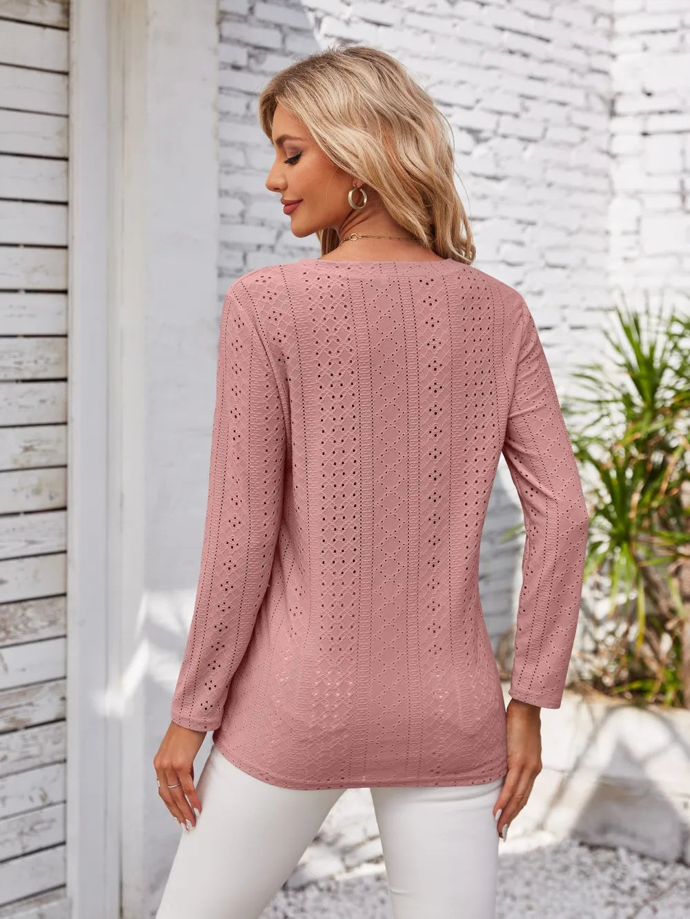 Decorative Button Openwork V-Neck T-Shirt - Lilixa.store