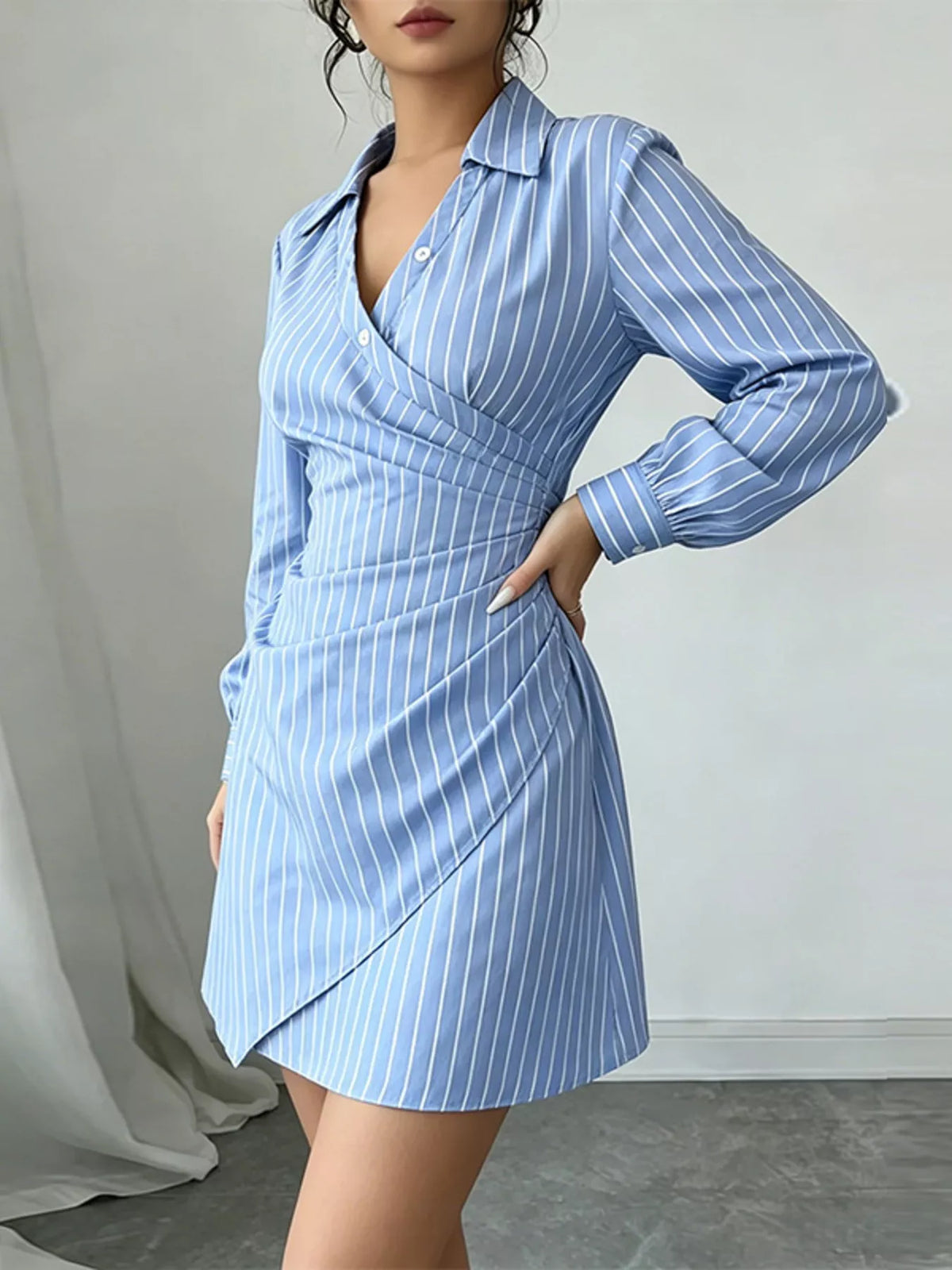 Full Size Striped Long Sleeve Shirt Dress Plus Size in Blue, view 3