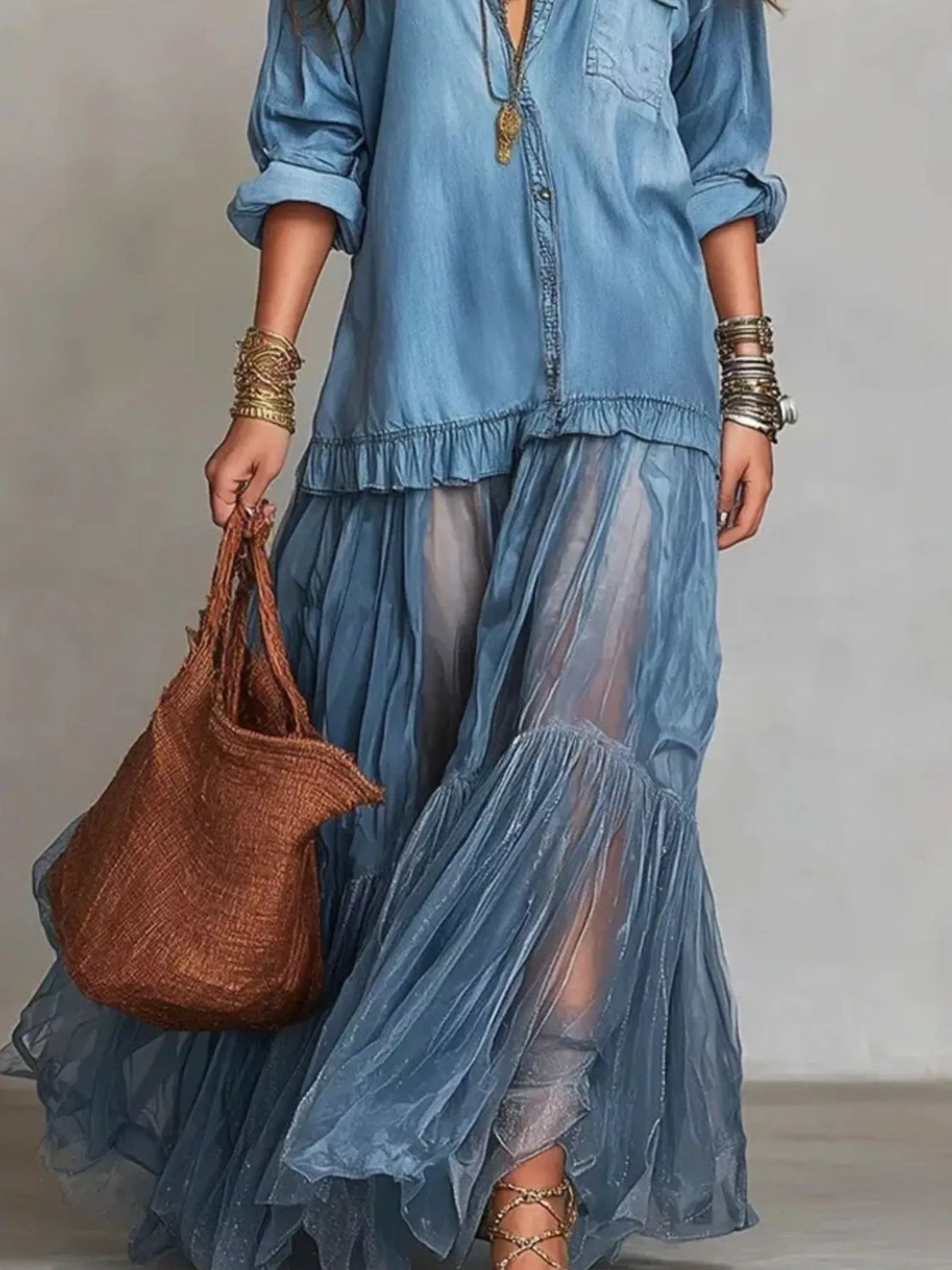 Full Size Tiered Long Sleeve Denim Shirt Maxi Dress Plus Size