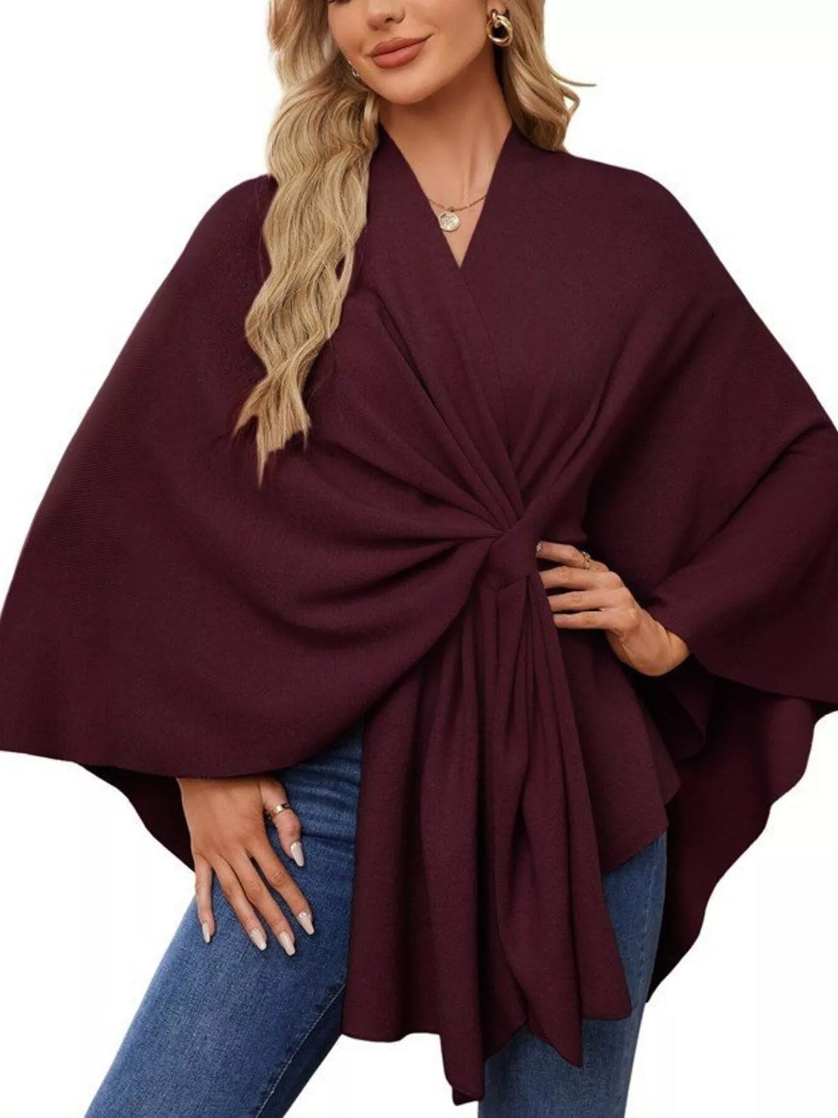 Solid Color Tie-Front Knit Cape Top in Burgundy