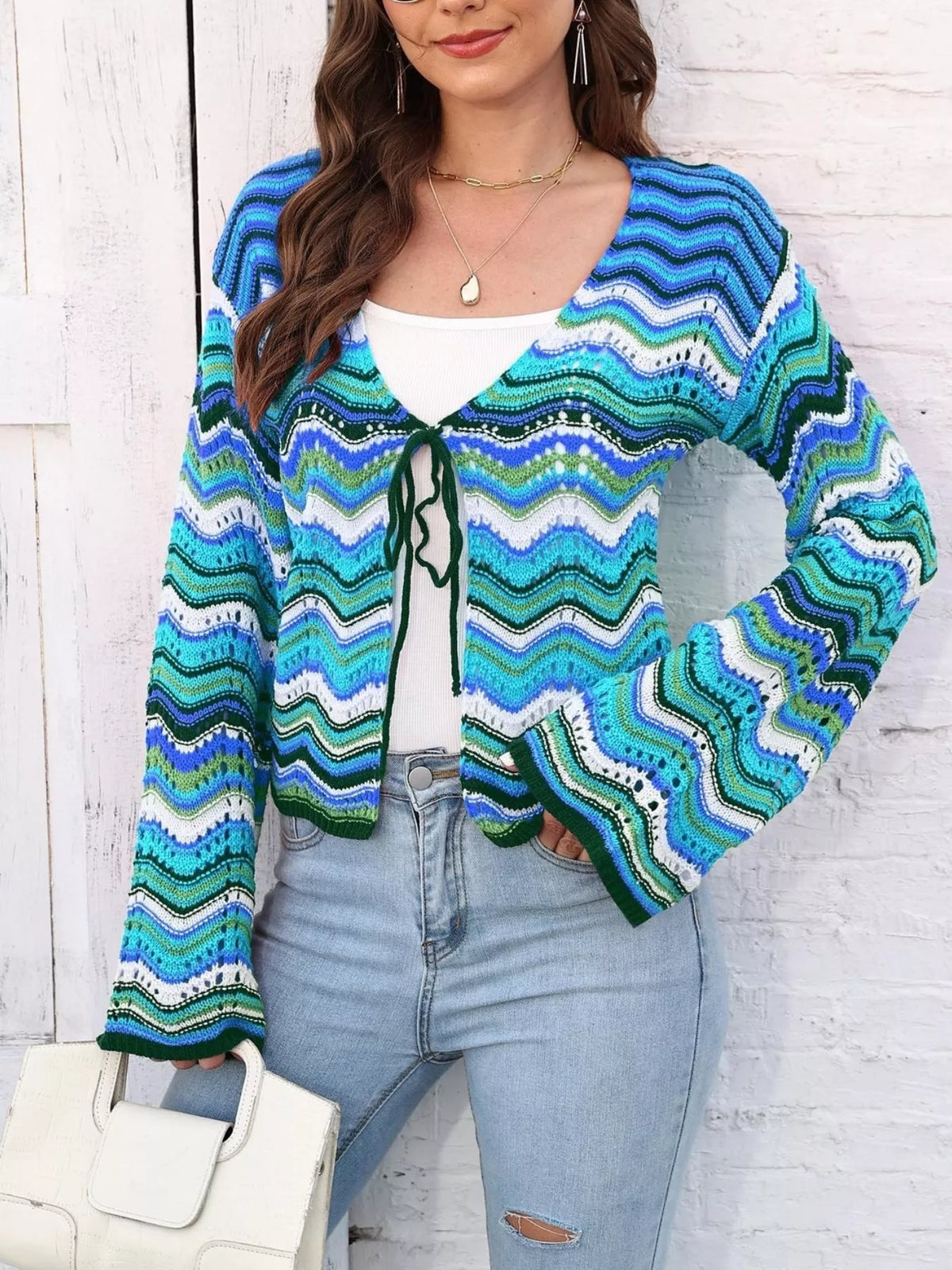 Vibrant Chevron Striped Tie-Front Knit Cardigan, view 10