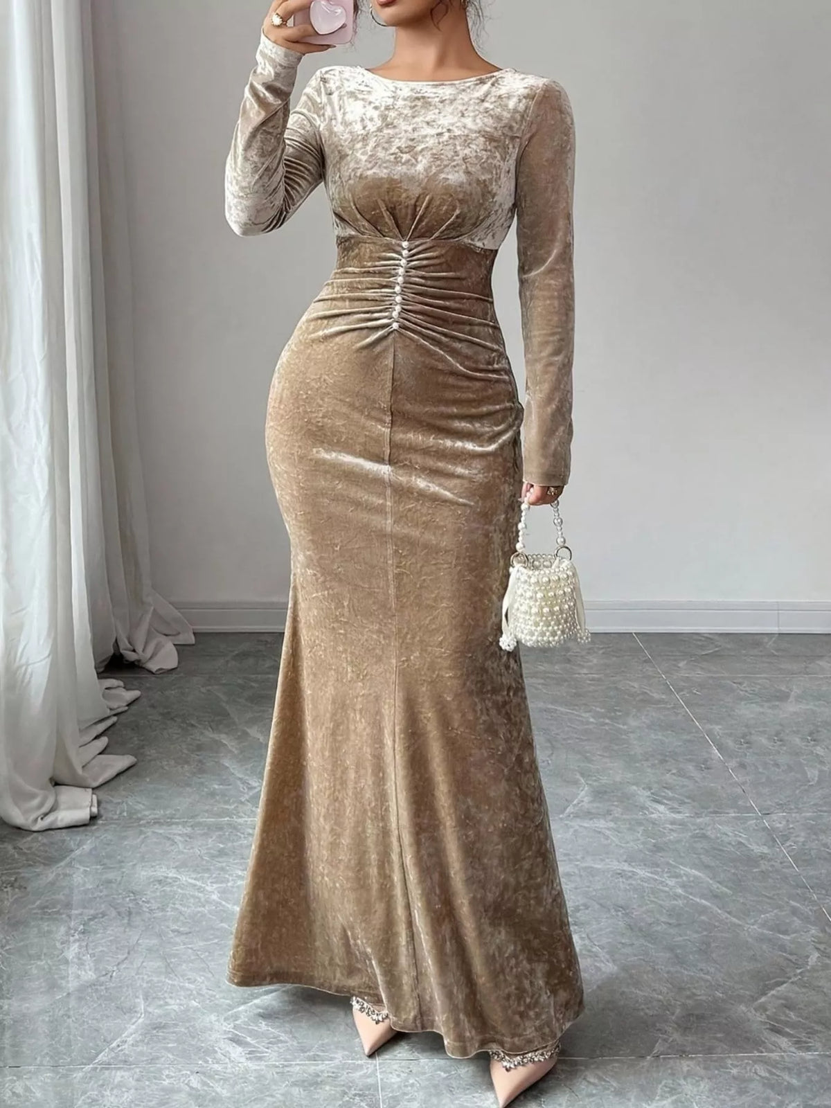 Velvet Ruched Bodycon Maxi Dress - Lilixa.store