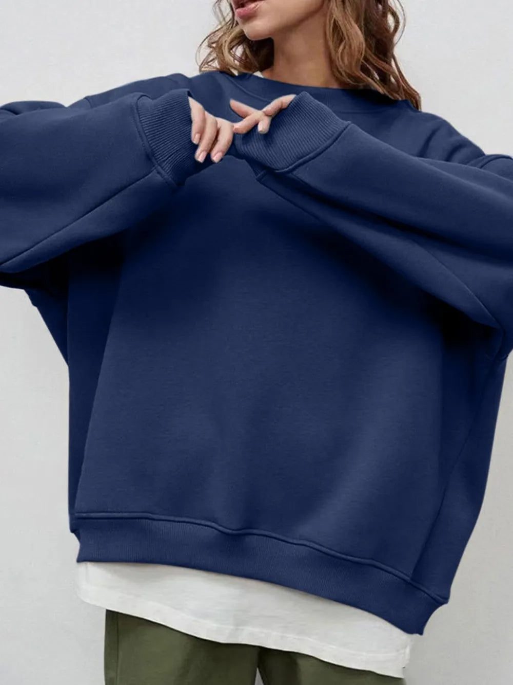Round Neck Dropped Shoulder Long Sleeve Sweatshirt - Lilixa.store