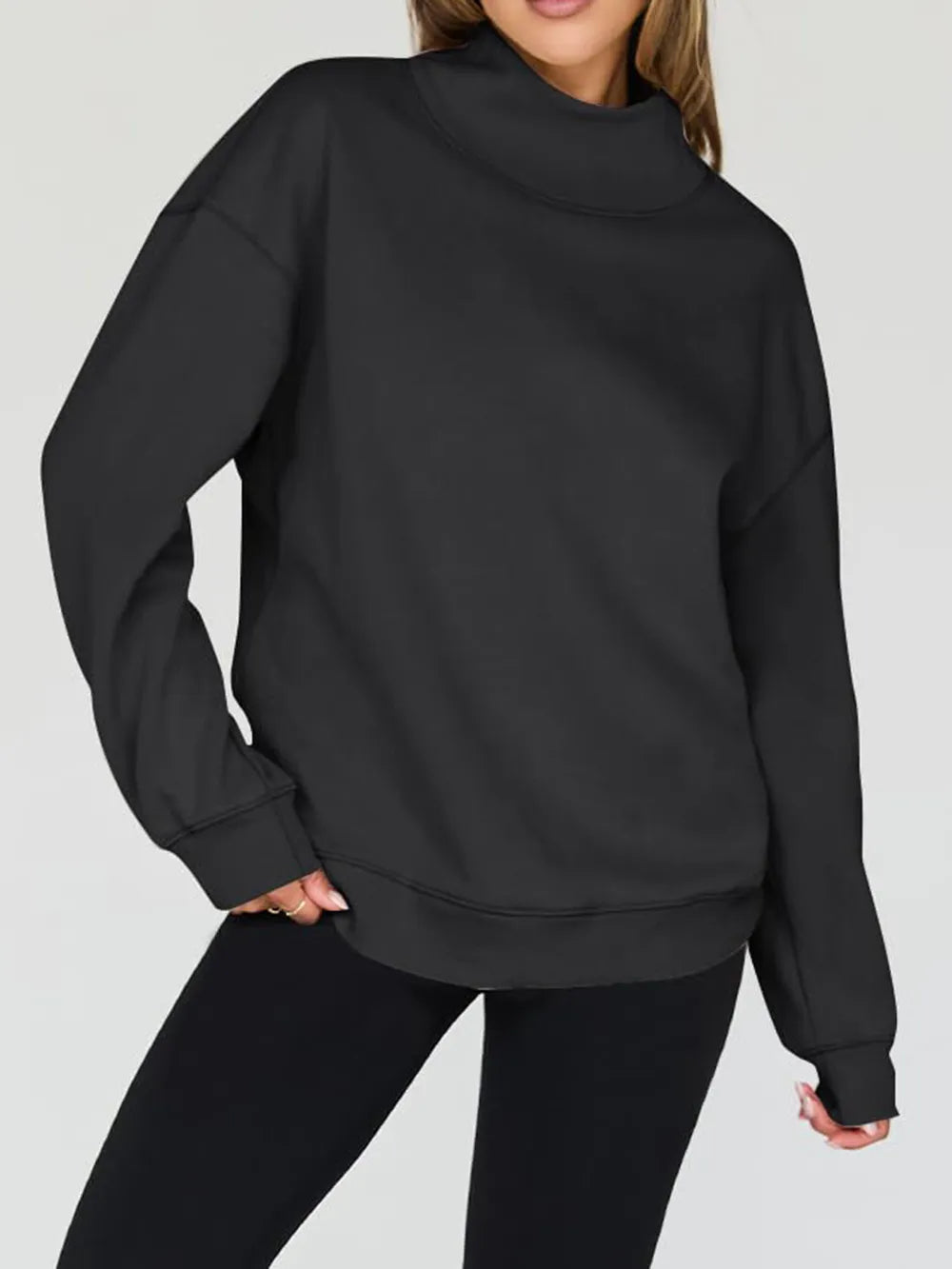 Mock Neck Drop Shoulder Long Sleeve Sweatshirt in Black