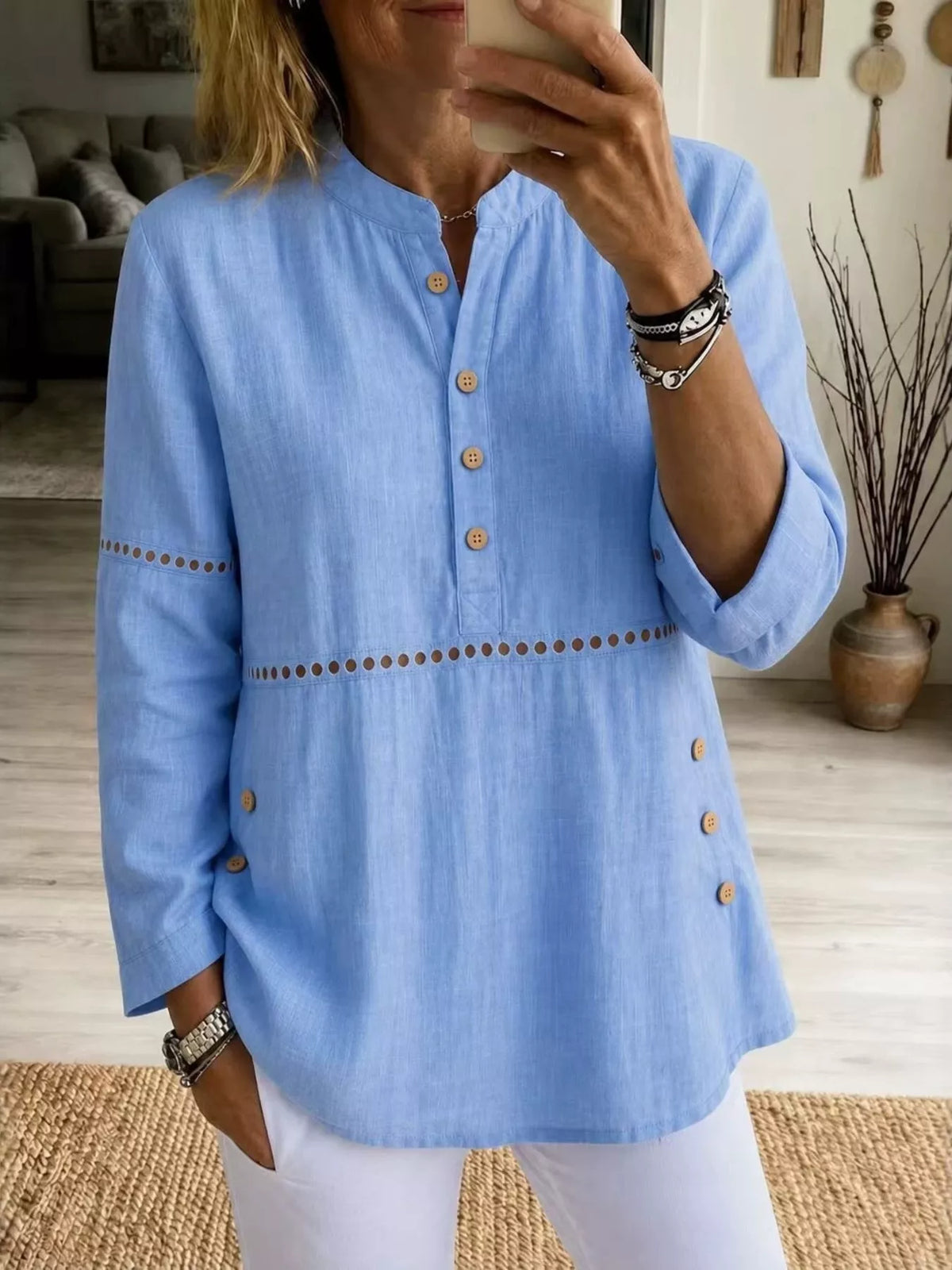 Full Size Button Detail Eyelet Long Sleeve Blouse Plus Size in Sky Blue