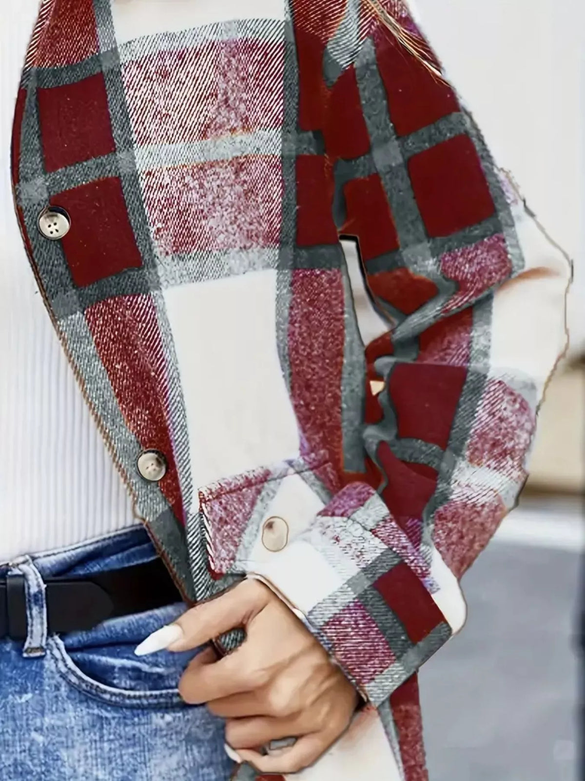 Plaid Button-Up Long Sleeve Shacket, view 6