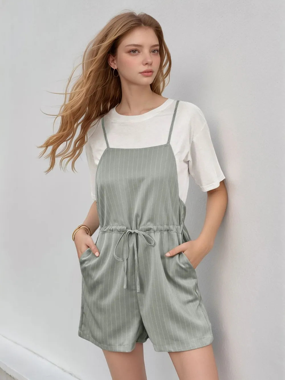Perfee Drawstring Waist Striped Overalls with Pockets - Lilixa.store