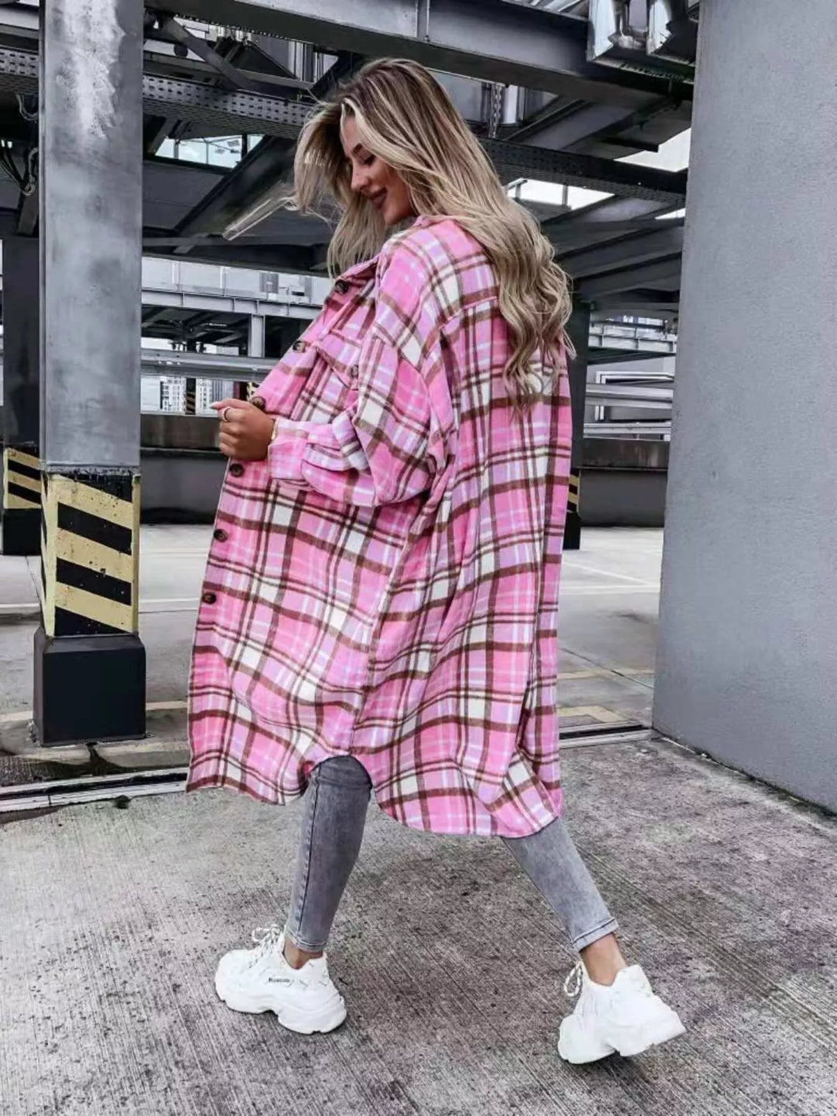 Plaid Button Up Longline Shacket, view 3