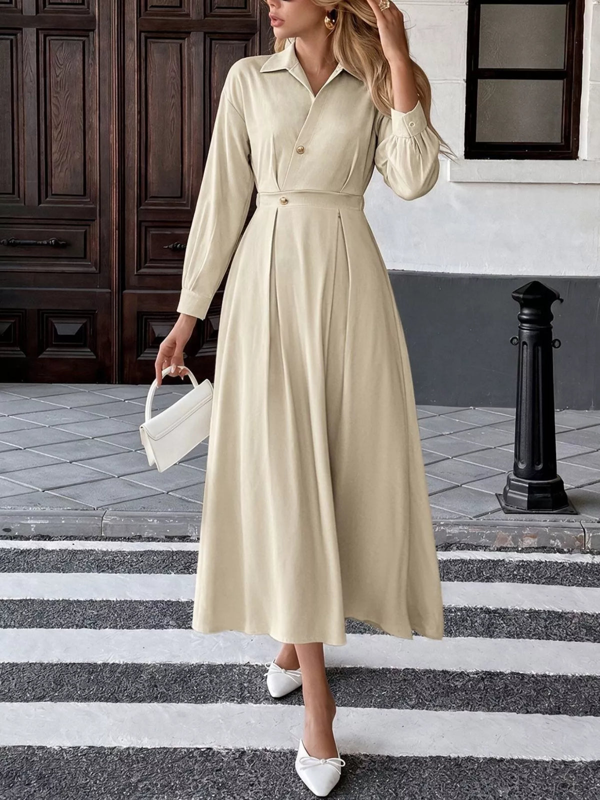 Pleated Button Detail Long Sleeve Shirt Dress